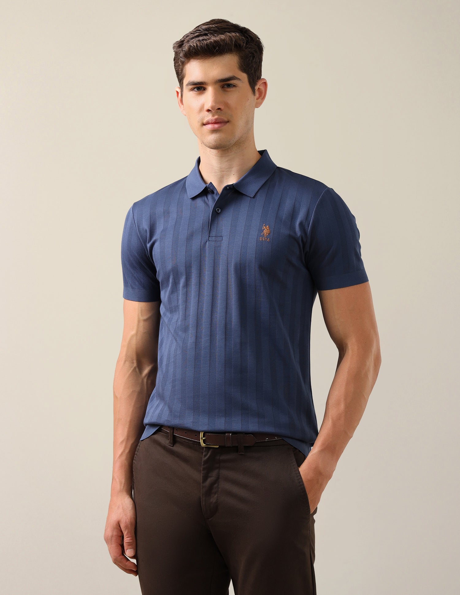 Self Design Vertical Striped Slim Fit Polo Shirt Blue - U.S. Polo Assn. India | Large