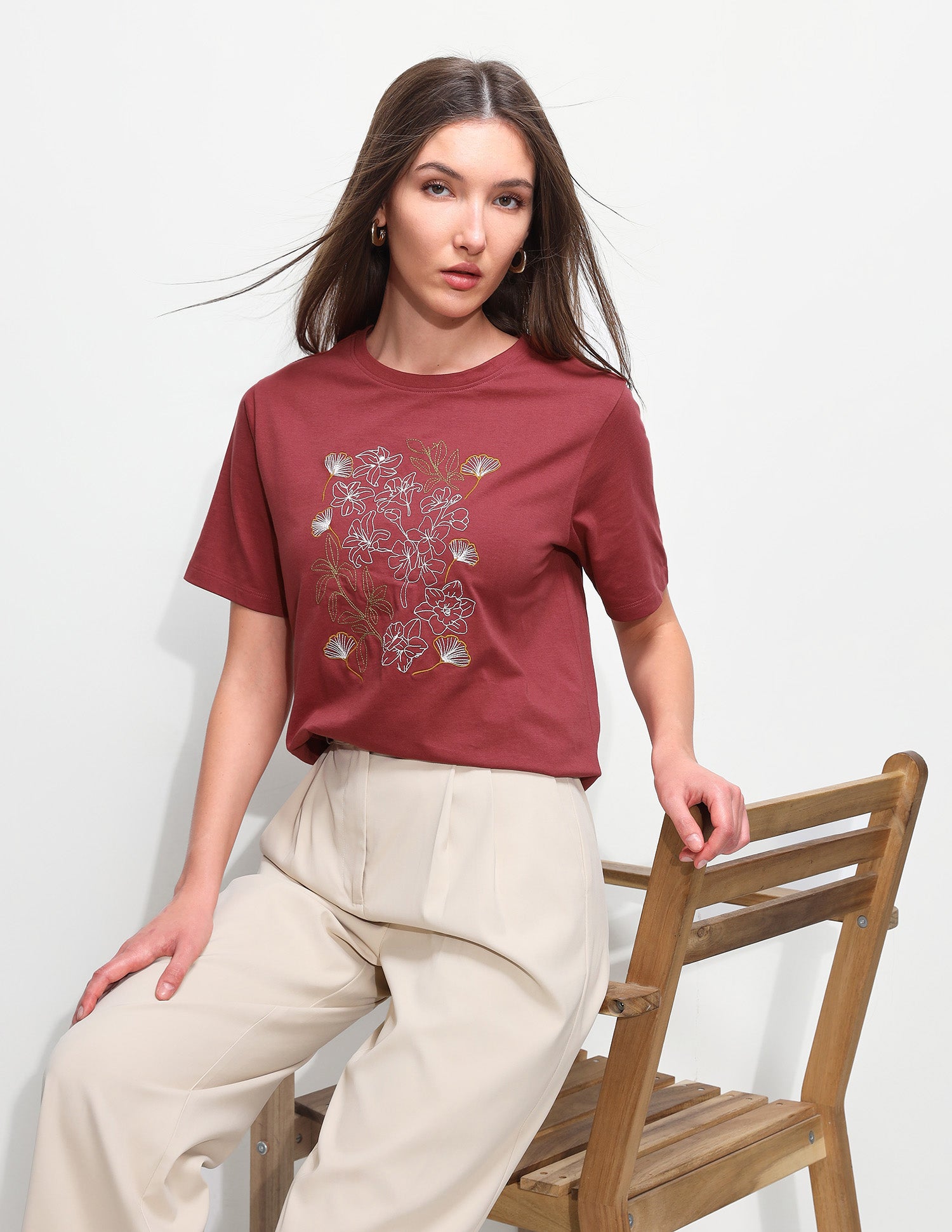 Floral Embroidered Boxy Fit T-Shirt Maroon - U.S. Polo Assn. India | Large