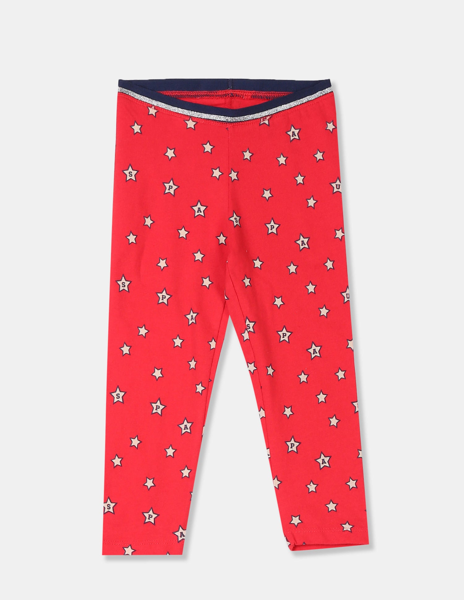 Girls Red Elasticized Waistband Star Print Leggings