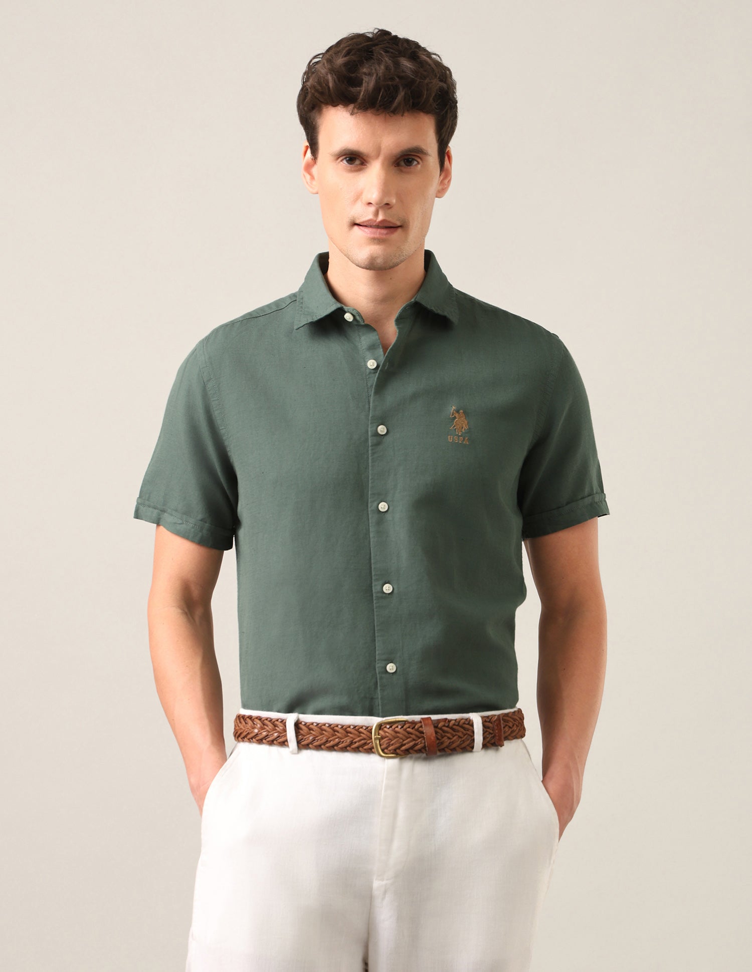 Solid Regular Fit Shirt Olive - U.S. Polo Assn. India | Large