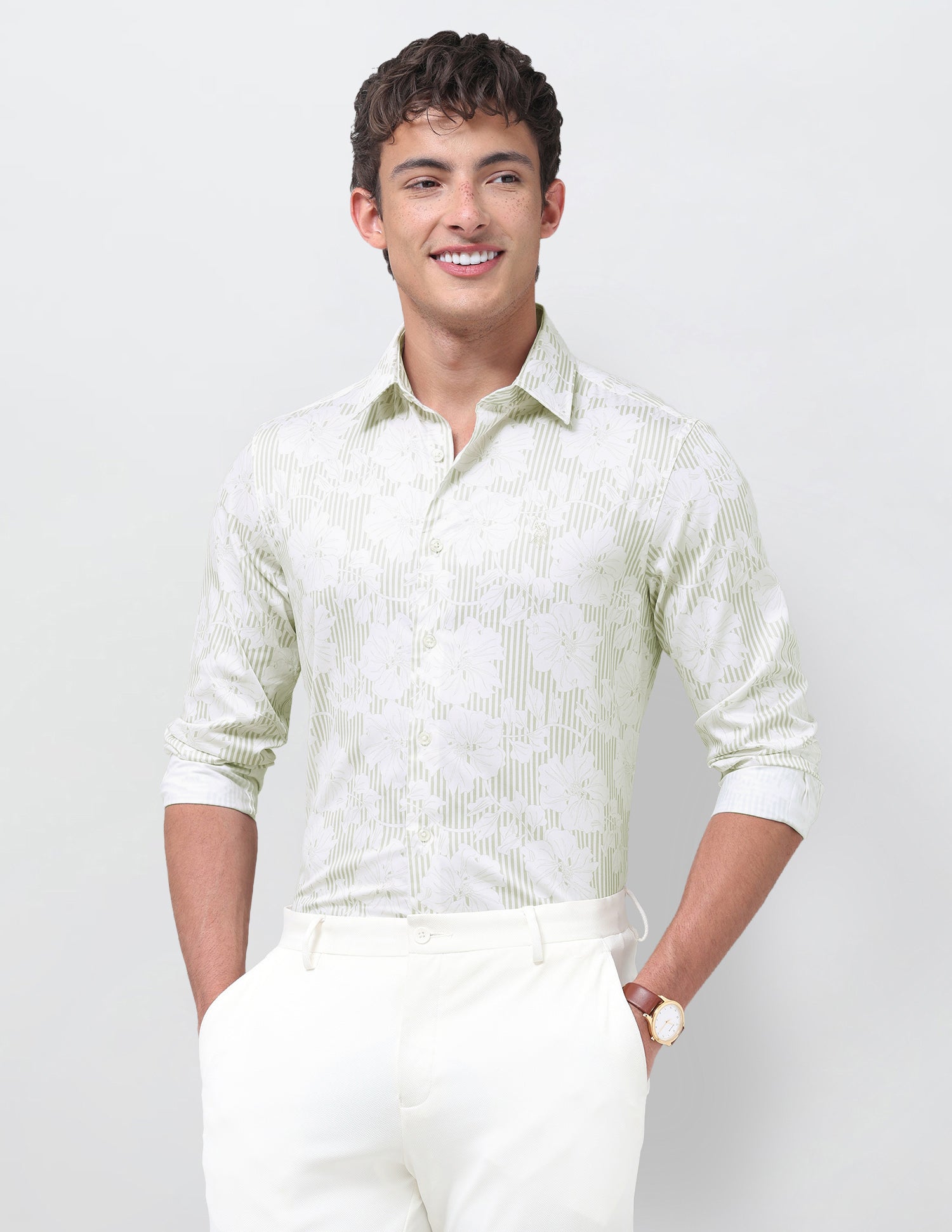 Vertical Striped With Floral Printed Satin Shirt Beige - U.S. Polo Assn. India | Large