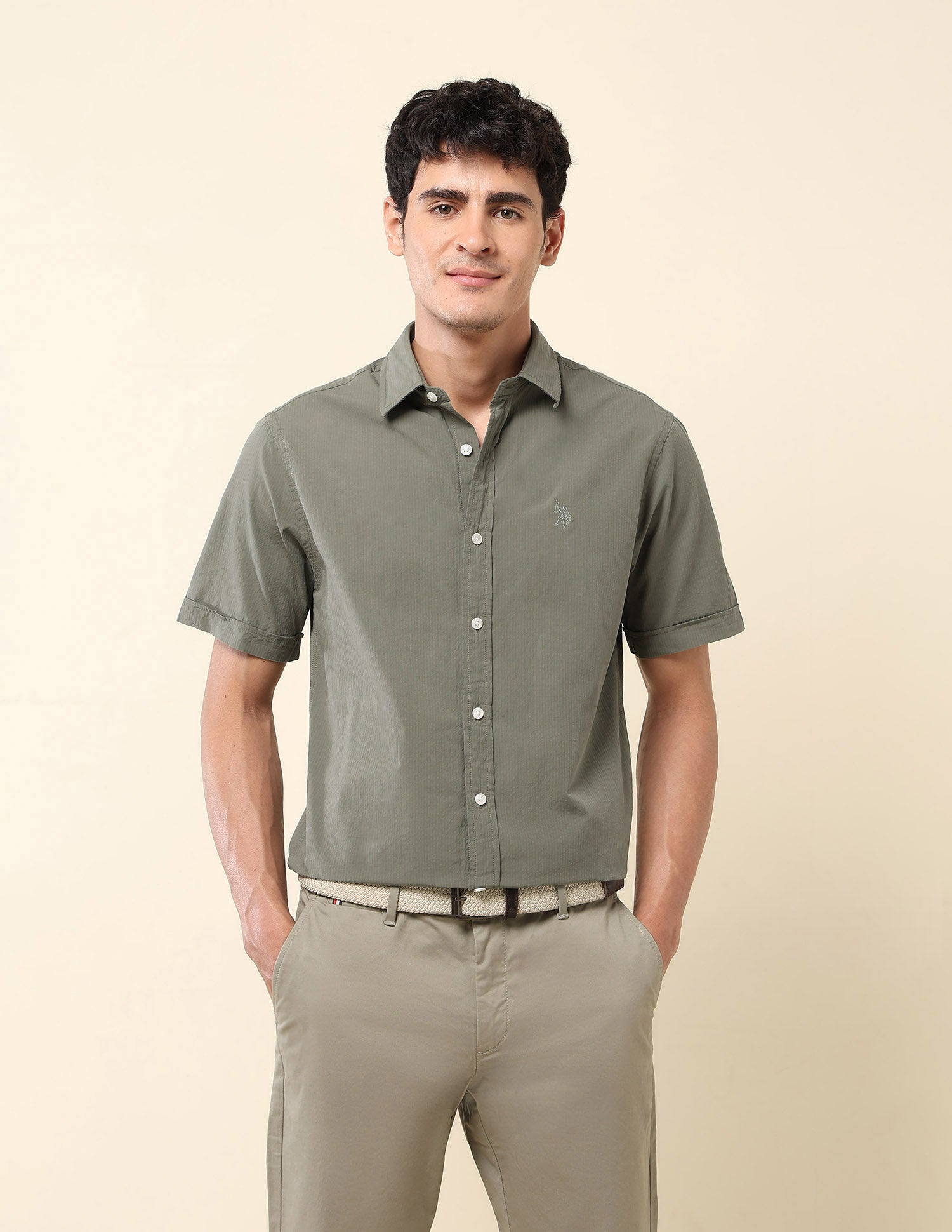 Textured Pure Cotton Shirt Olive - U.S. Polo Assn. India | Large