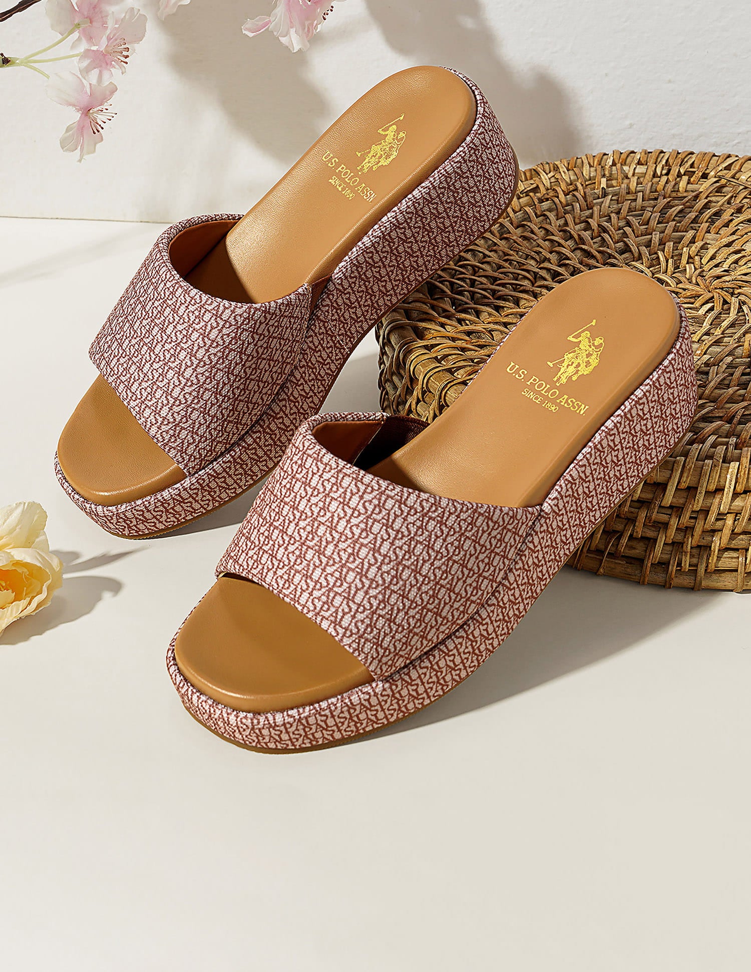 Savina Brown Monogram Print Wedges Brown - U.S. Polo Assn. India | Large