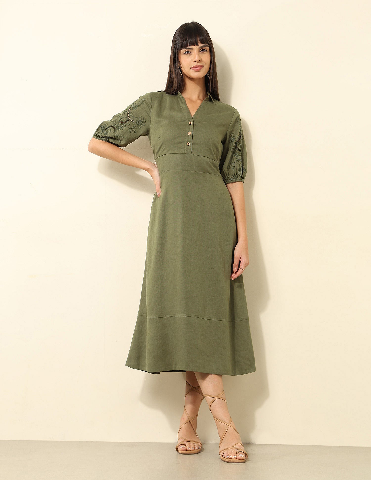 Viscose Linen A-Line Midi Dress Olive - U.S. Polo Assn. India | Large