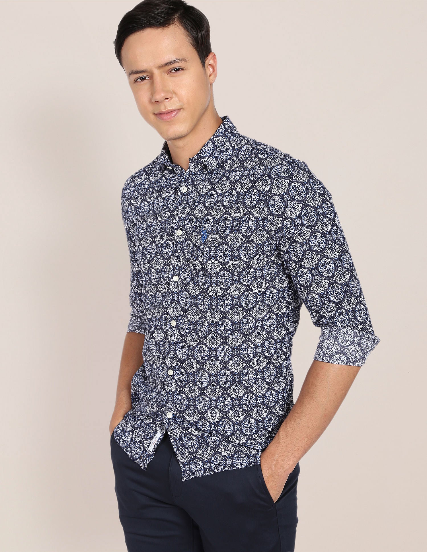 Spread Collar Printed Cotton Casual Shirt Navy - U.S. POLO ASSN. | Large