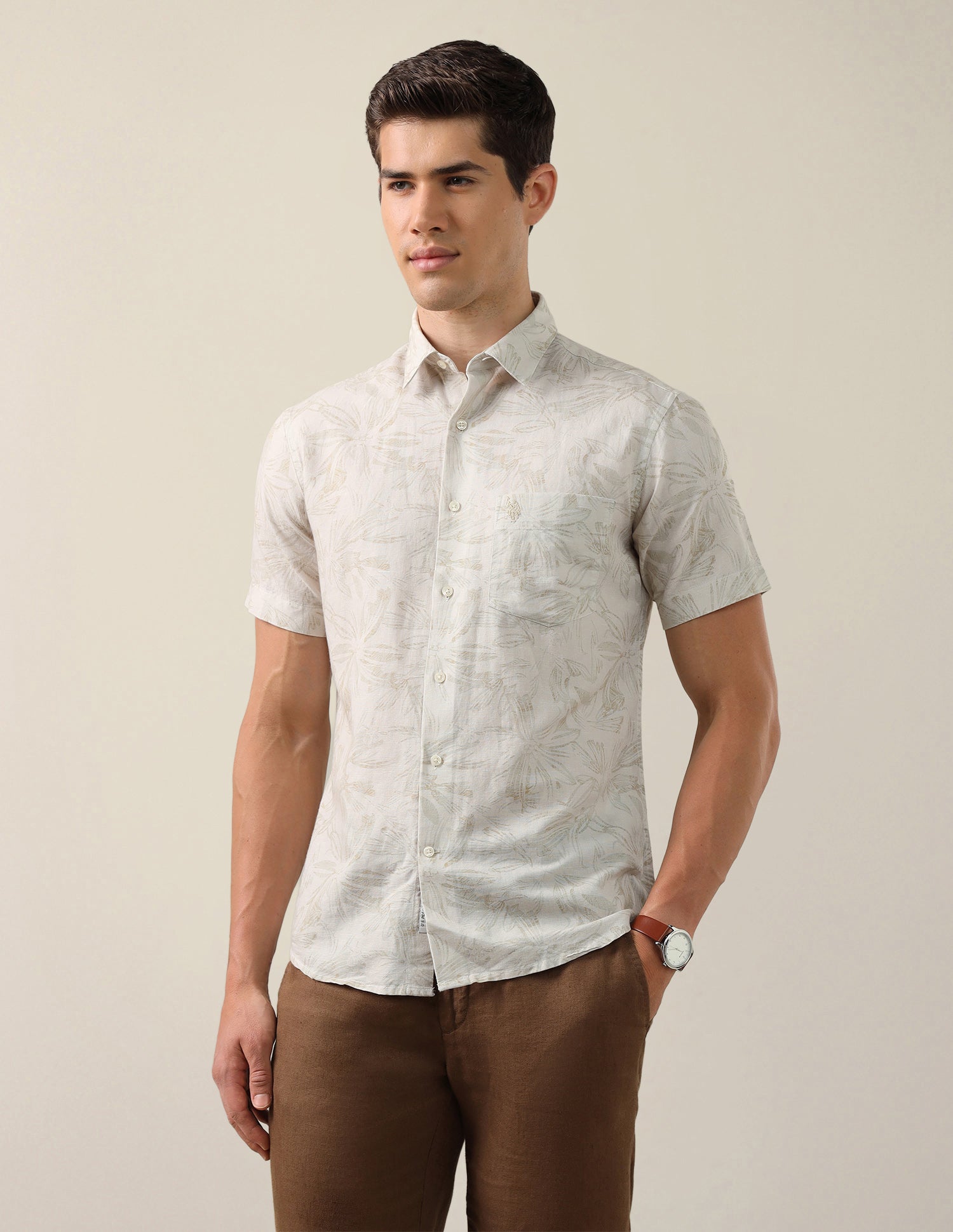 Tropical Printed Cotton Linen Shirt Beige - U.S. Polo Assn. India | Large