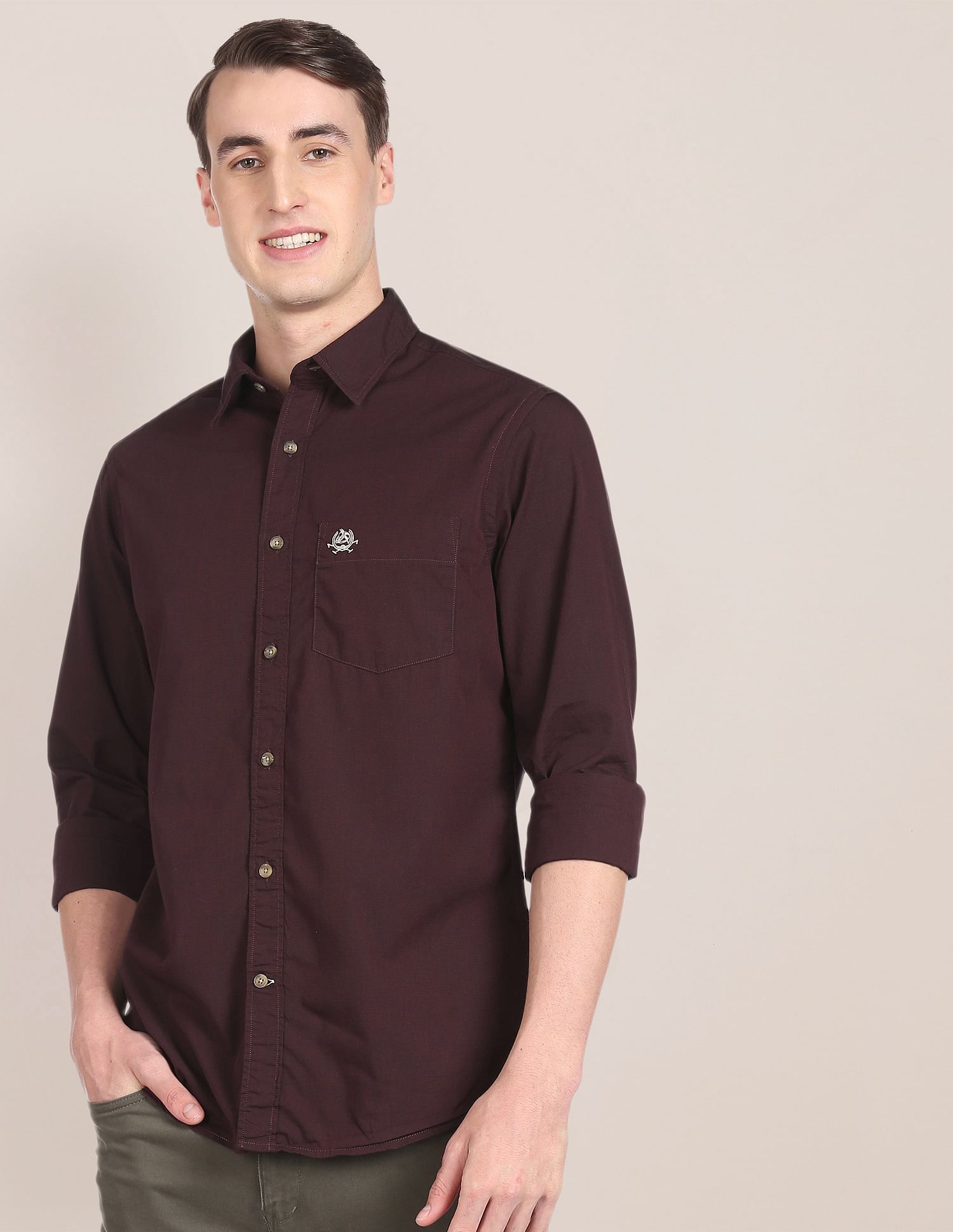 Tailored Regular Fit Solid Casual Shirt Dark Maroon - U.S. Polo Assn. India | Large
