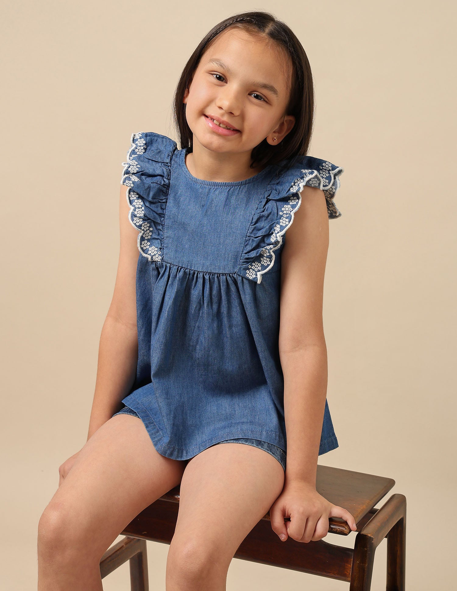 Girls Round Neck Denim Top