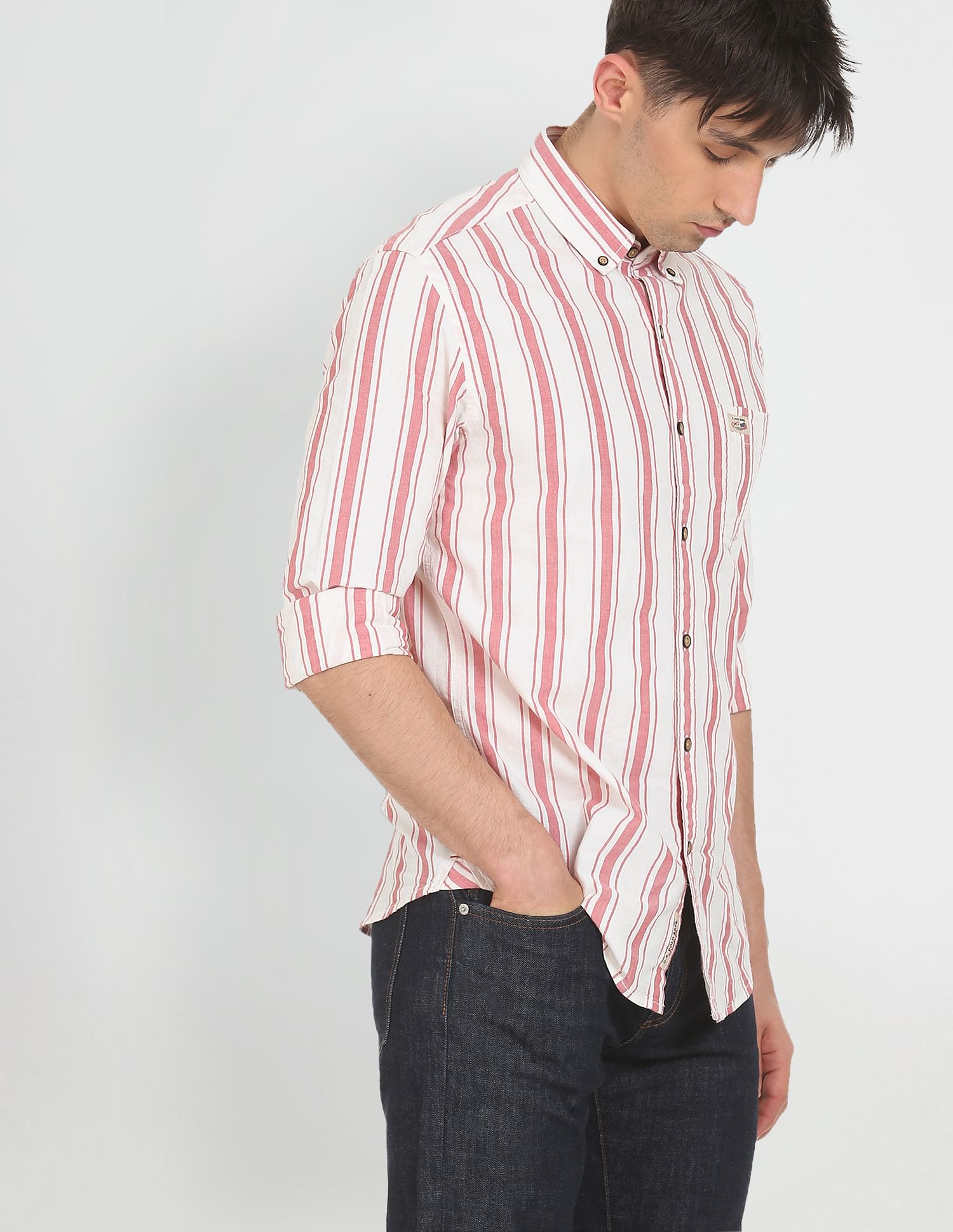 Button Down Collar Striped Cotton Casual Shirt Red and White - U.S. POLO ASSN. | Large