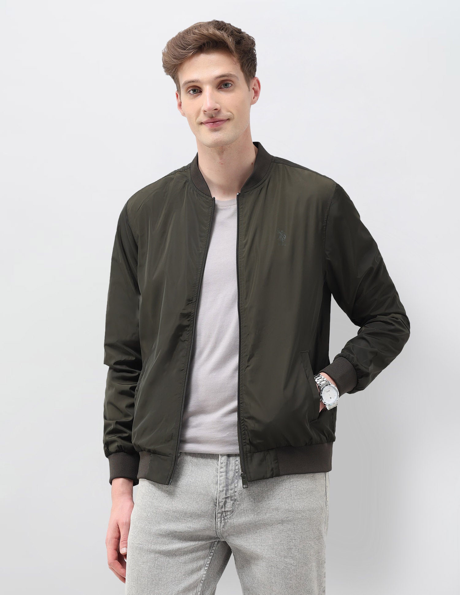 Solid Regular Fit Bomber Jacket