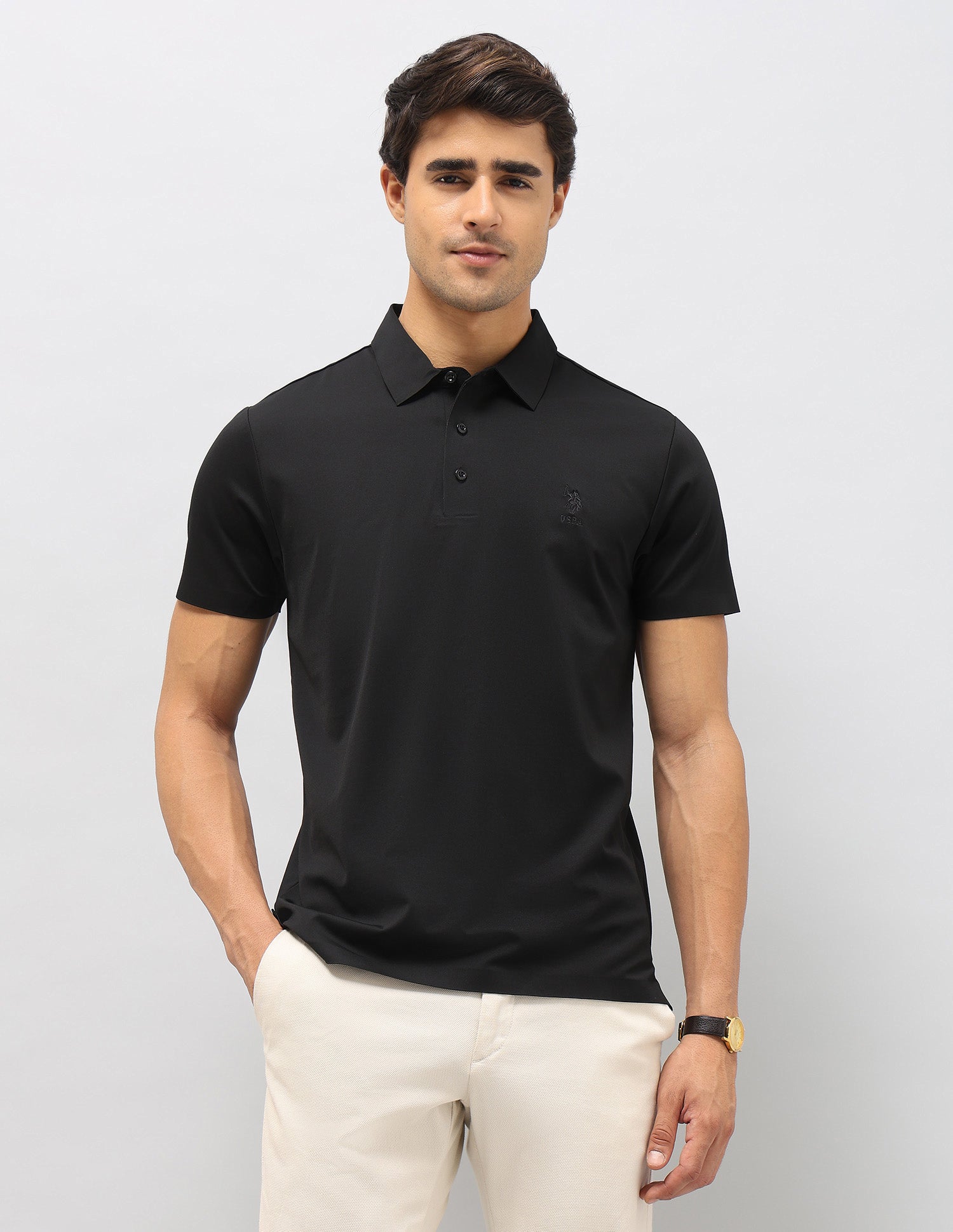 Slim Fit Solid Polo Shirt Black - U.S. Polo Assn. India | Large