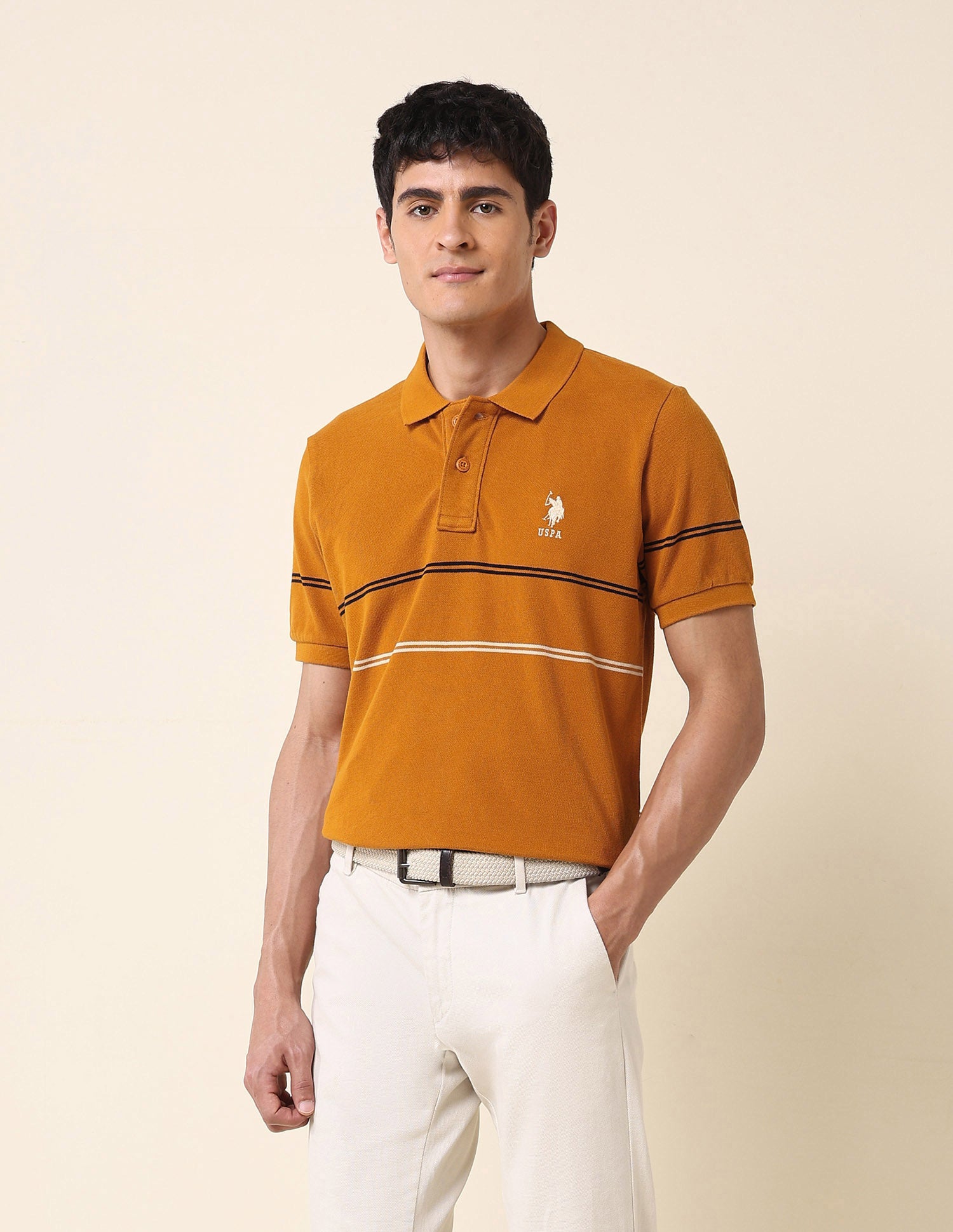 Horizontal Striped Classic Polo Shirt Mustard - U.S. Polo Assn. India | Large