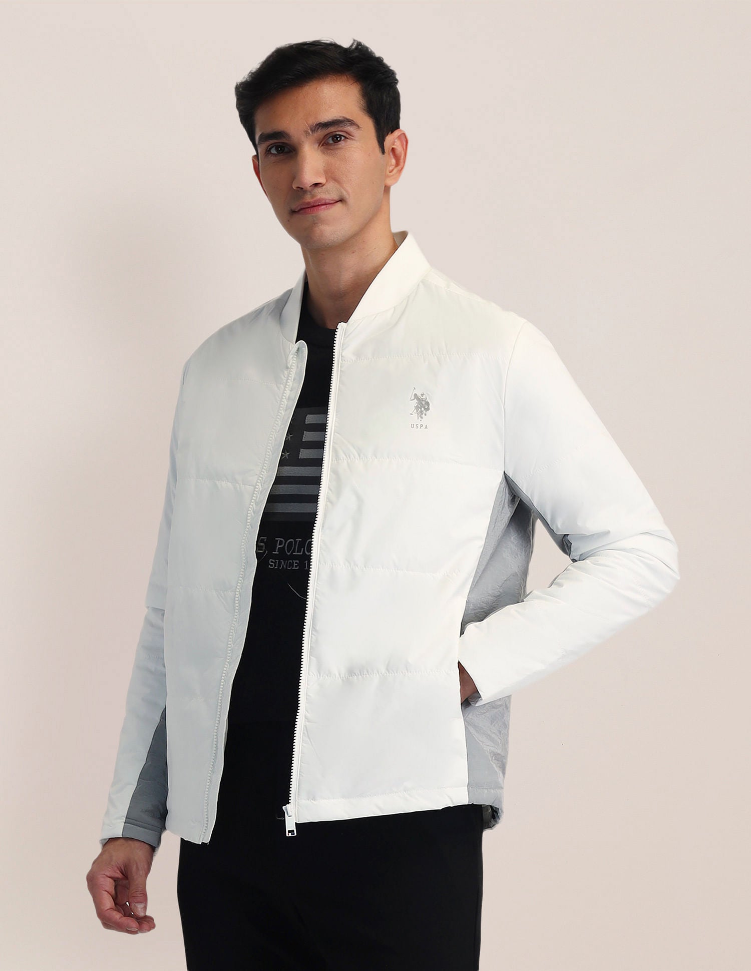White Shirt Bomber Jacket With Button Up Shirt HIGHLANDER White Spread  Collar Bomber Jacket