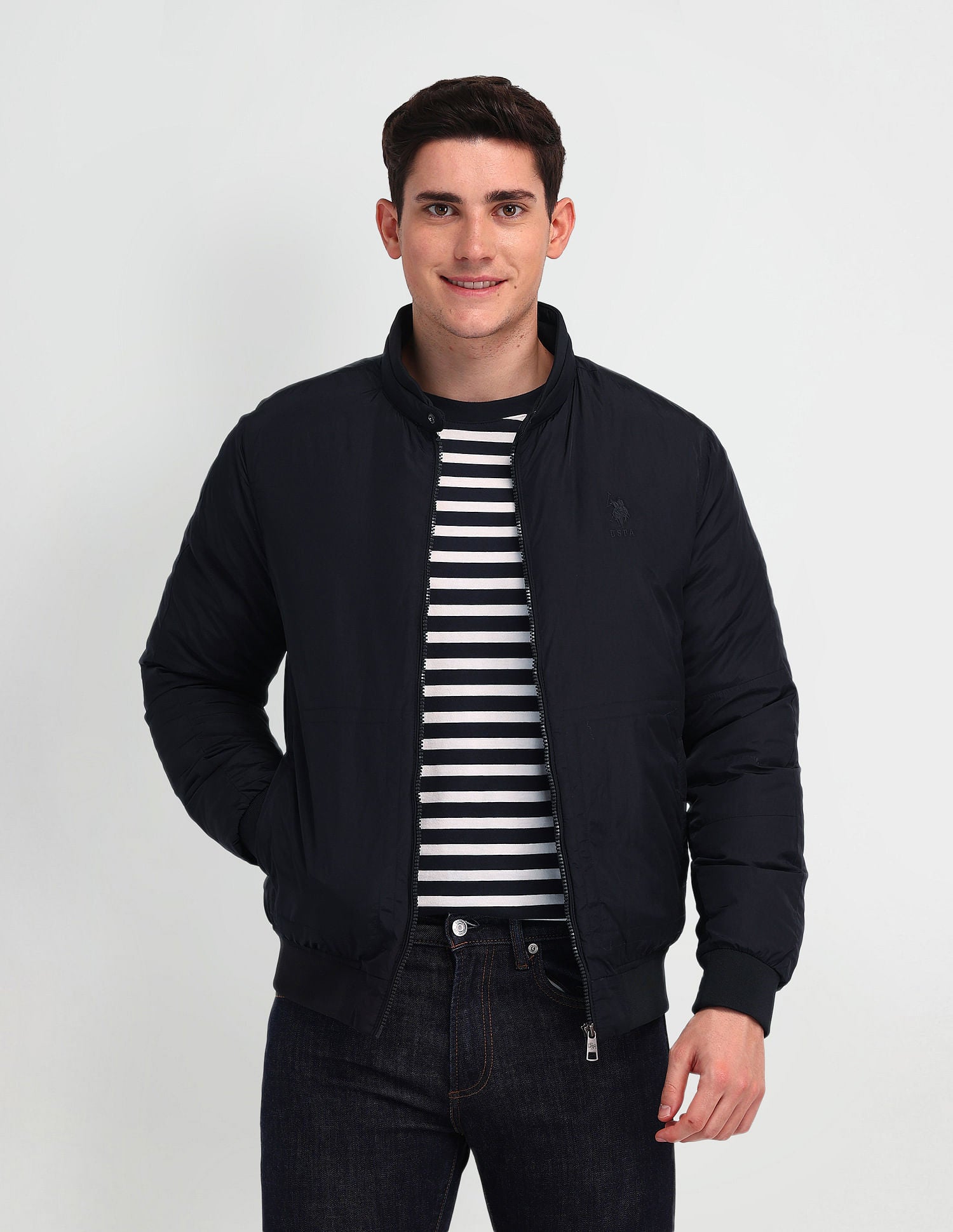 Regular Fit Solid Casual Jacket Navy - U.S. Polo Assn. India | Large
