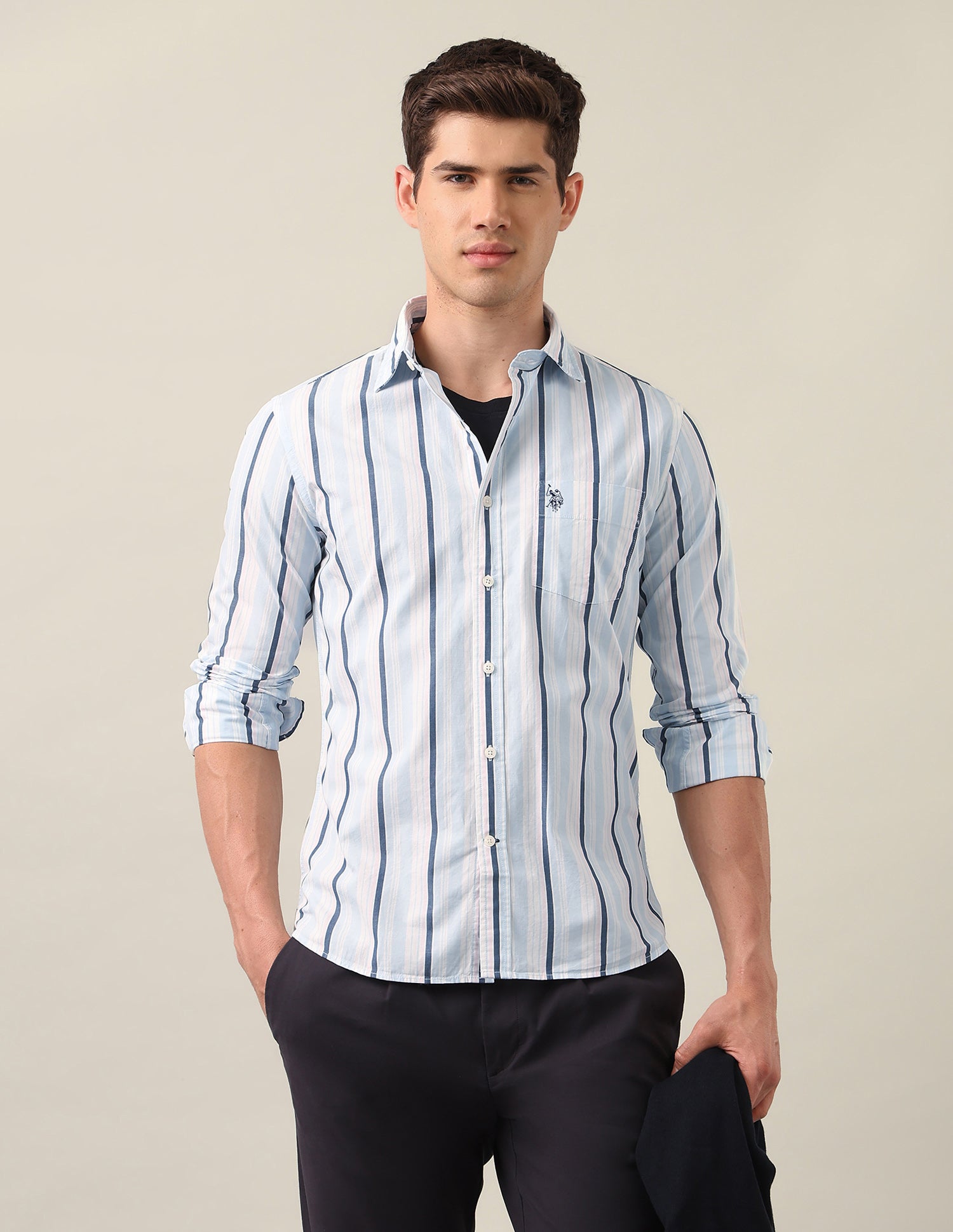 Tailored Fit Vertical Striped Shirt Light Blue - U.S. Polo Assn. India | Large