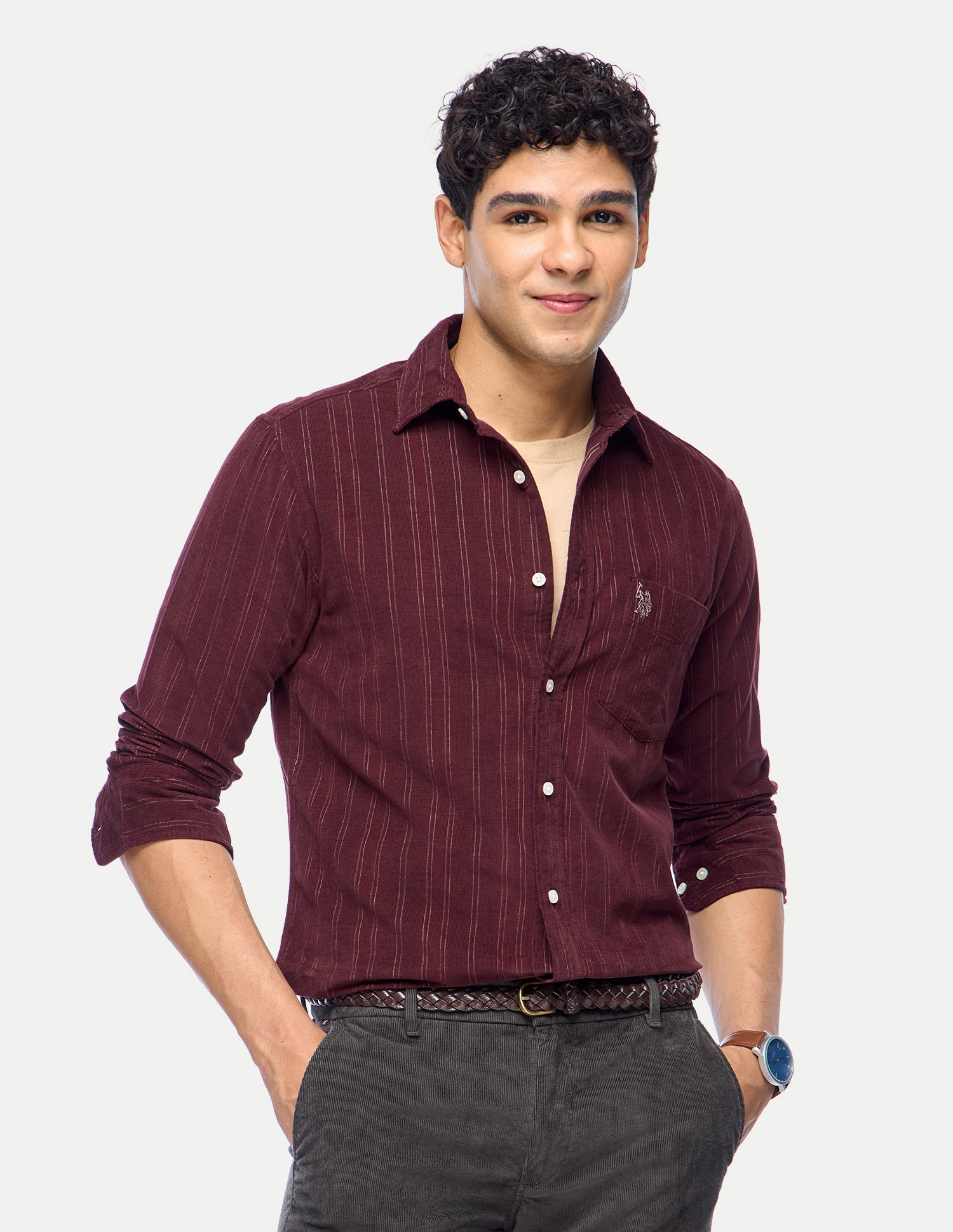 Vertical Striped Corduroy Shirt Dark Purple - U.S. Polo Assn. India | Large