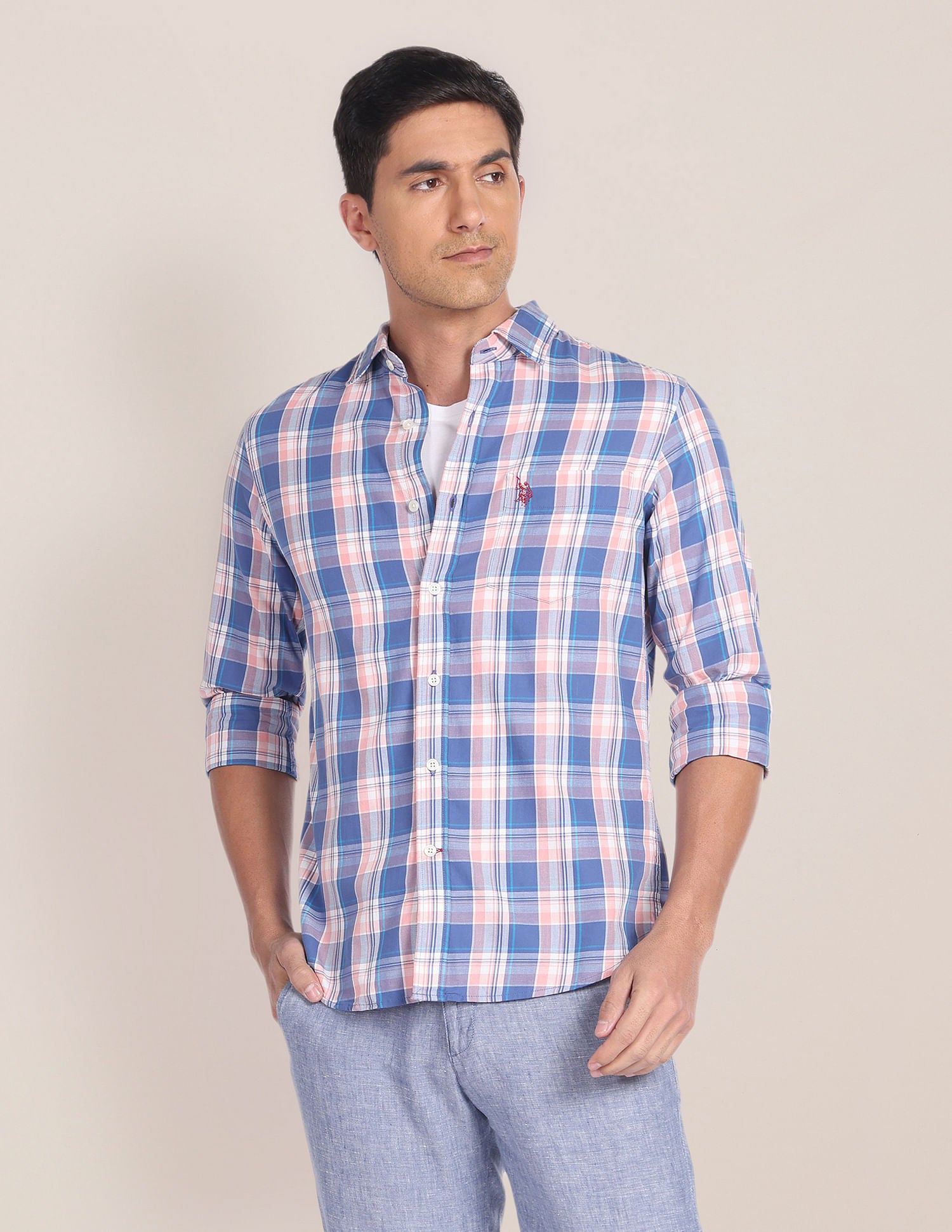 Plaid Check Cotton Twill Shirt Blue - U.S. Polo Assn. India | Large