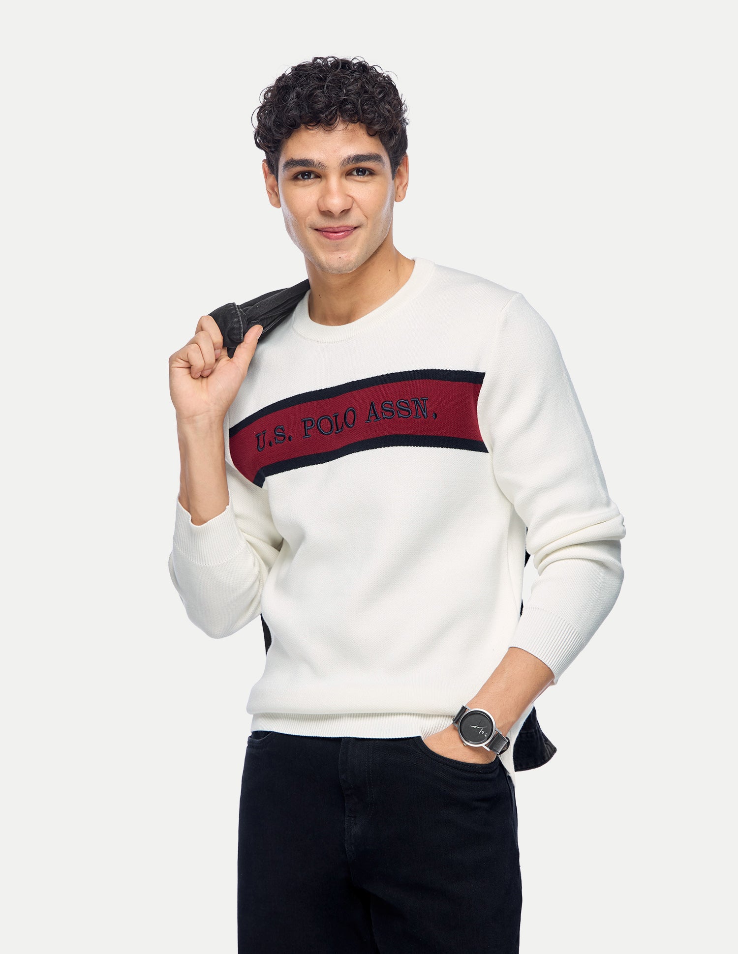 Brand Embroidered Colorblocked Slim Fit Sweater Off White - U.S. Polo Assn. India | Large