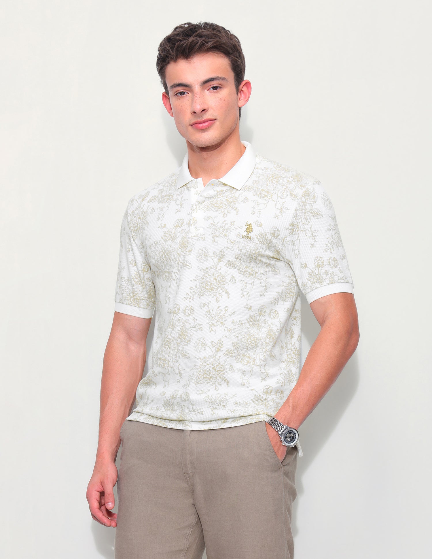 Floral Printed Slim Fit Polo Shirt Beige - U.S. Polo Assn. India | Large