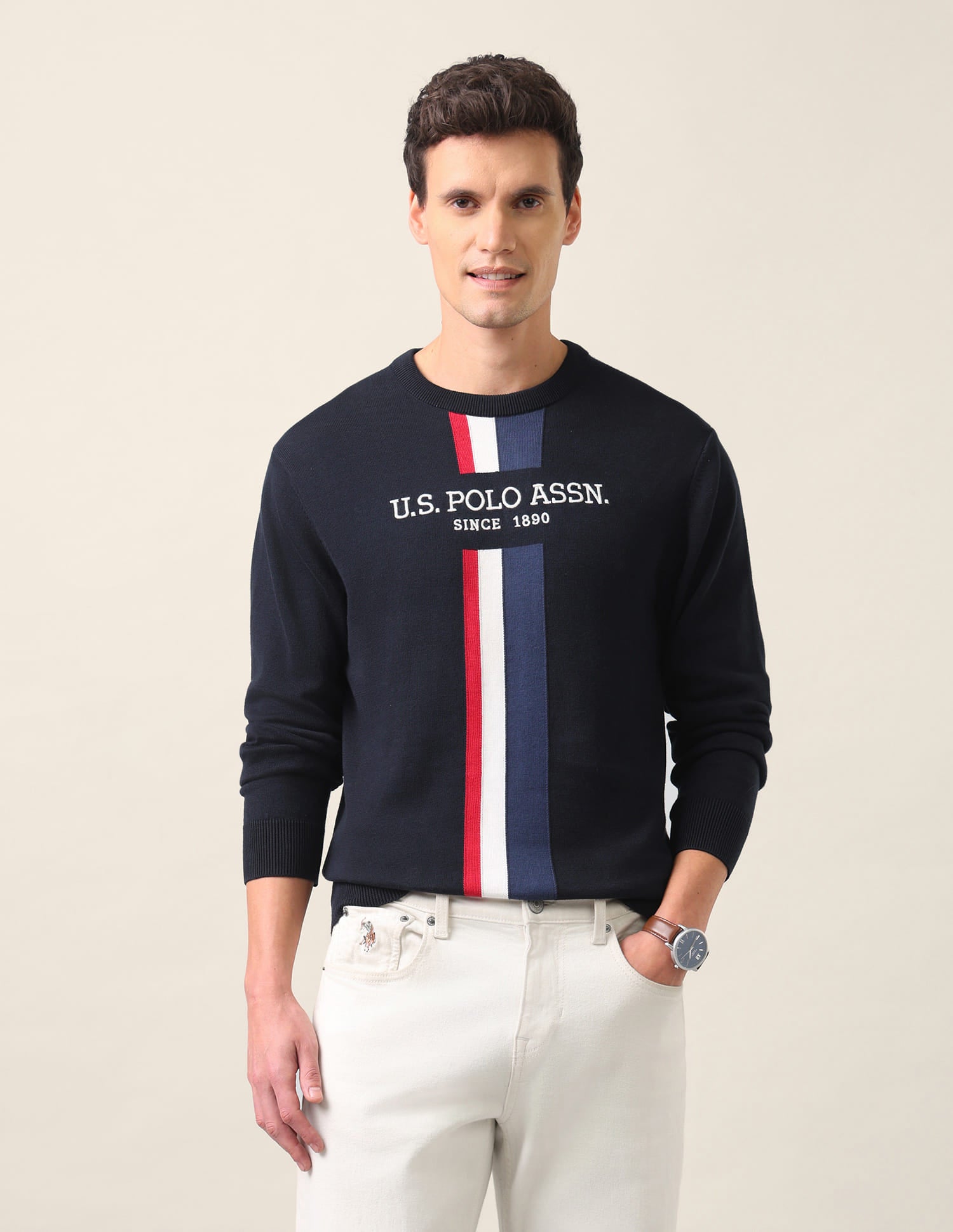 Brand Printed Regular Fit Sweater Navy - U.S. Polo Assn. India | Large