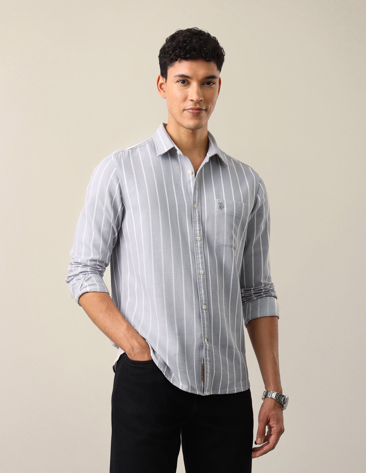 Vertical Striped Regular Fit Shirt Light Grey - U.S. Polo Assn. India | Large