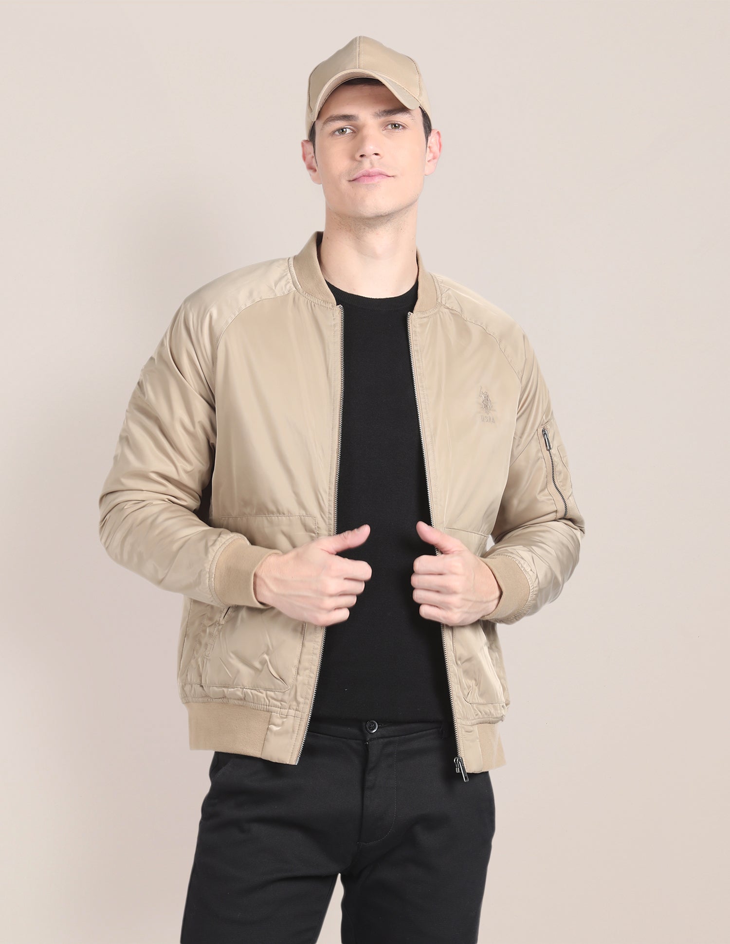 Solid Stand Collar Bomber Jacket Beige - U.S. Polo Assn. India | Large