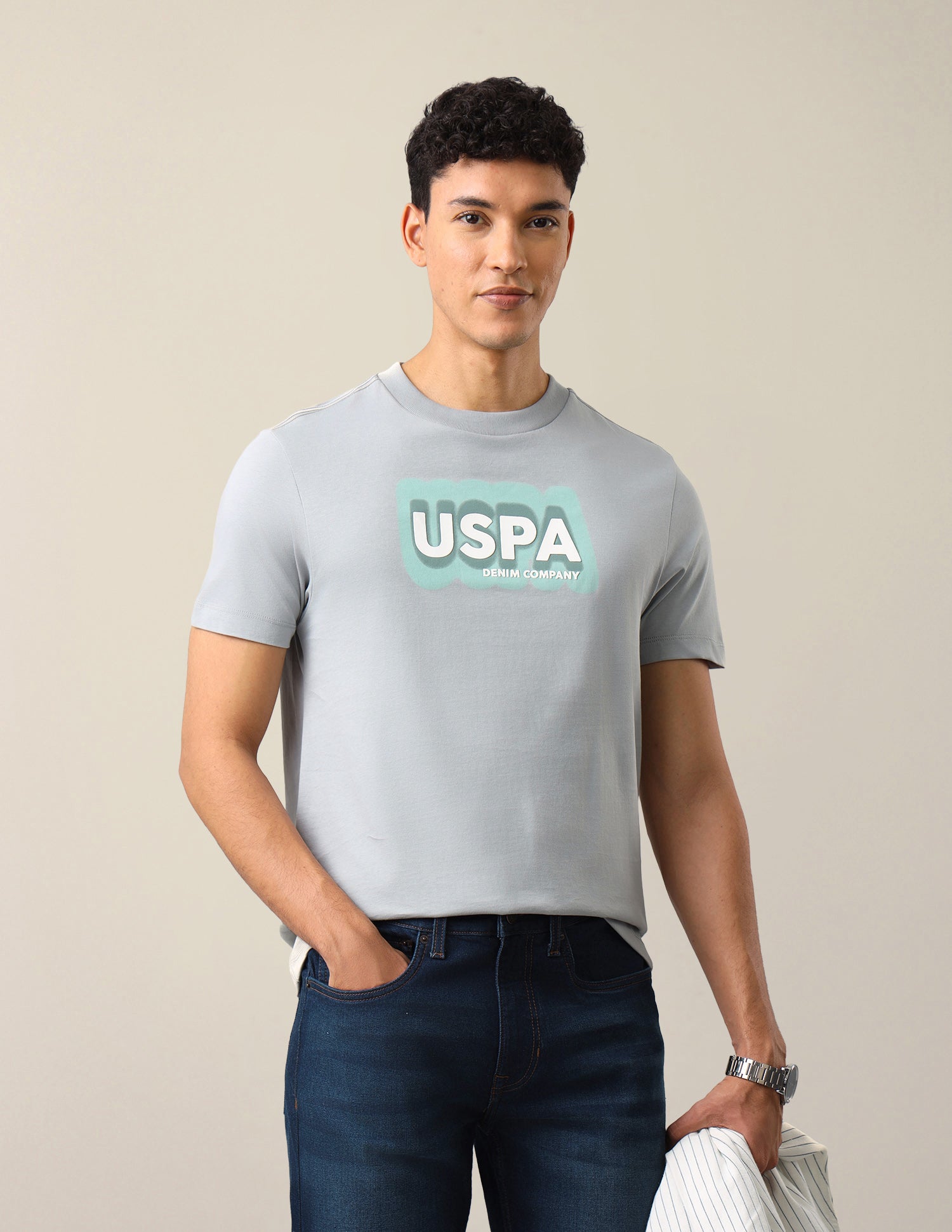 Brand Typographic Printed Regular Fit T-Shirt Grey - U.S. Polo Assn. India | Large