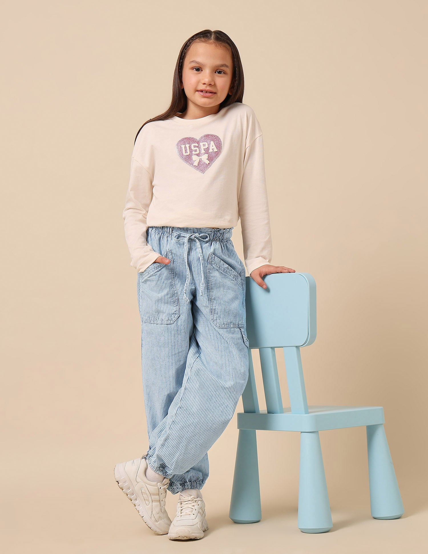 Girls Vertical Striped Jogger Jeans