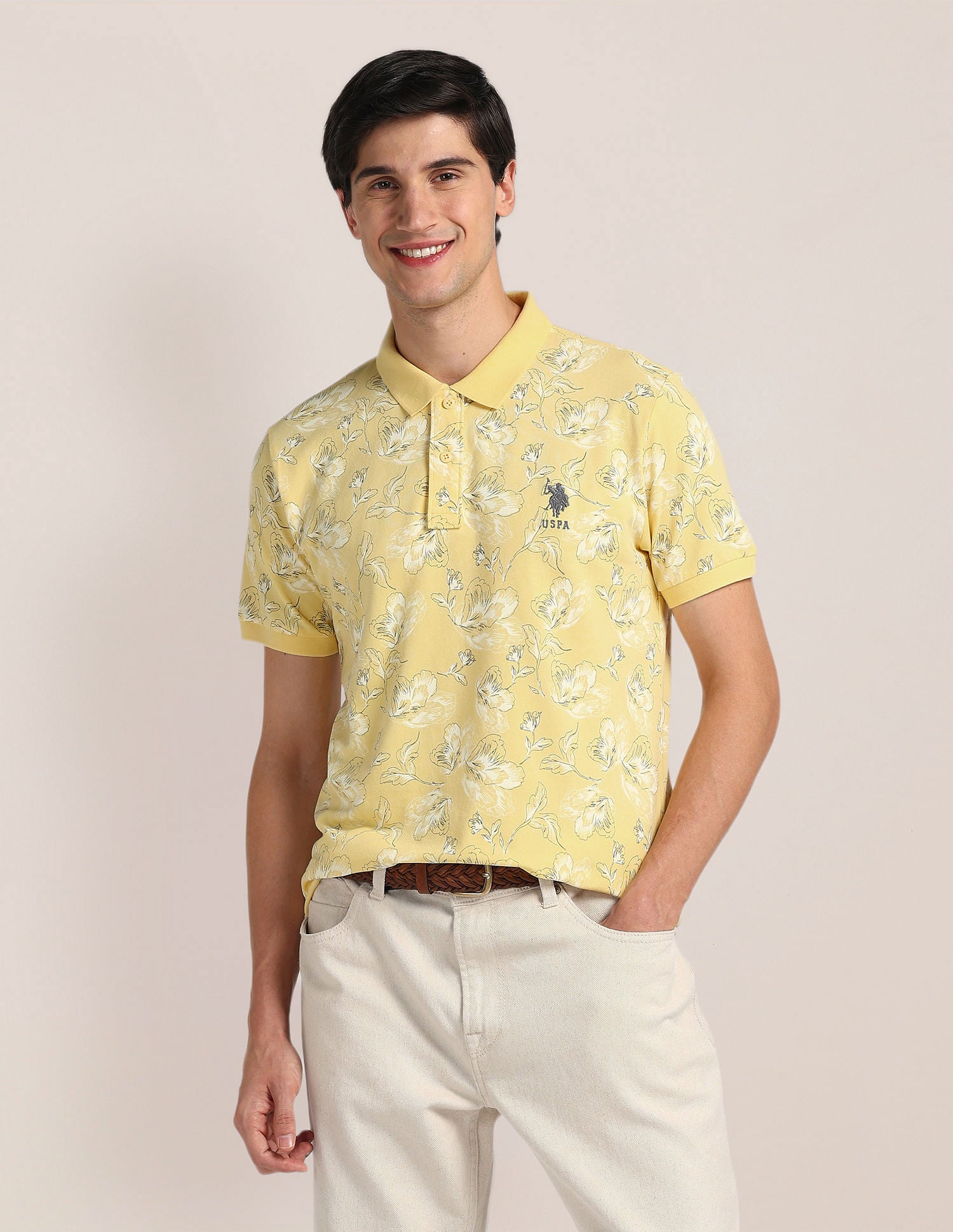Slim Fit Floral Print Polo Shirt Yellow - U.S. Polo Assn. India | Large