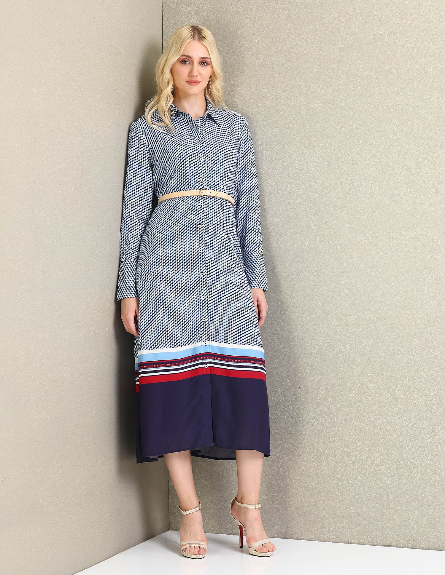 Geometric Print Viscose Shirt Dress Blue - U.S. Polo Assn. India | Large