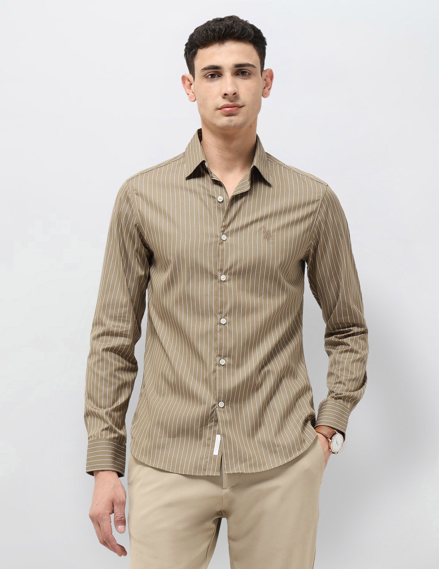 Tailored Fit Vertical Striped Shirt Khaki - U.S. Polo Assn. India | Large