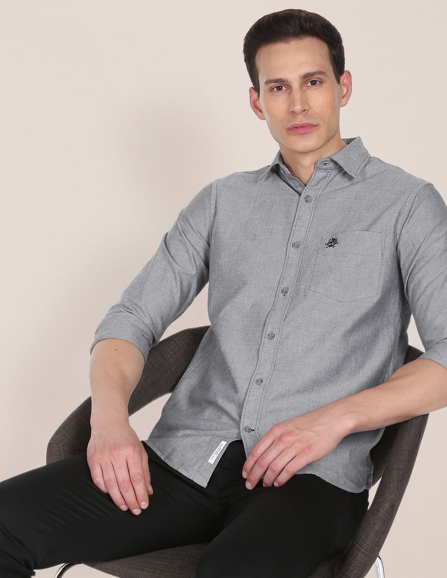 Rounded Cuff Cotton Solid Casual Shirt Grey - U.S. Polo Assn. India | Large