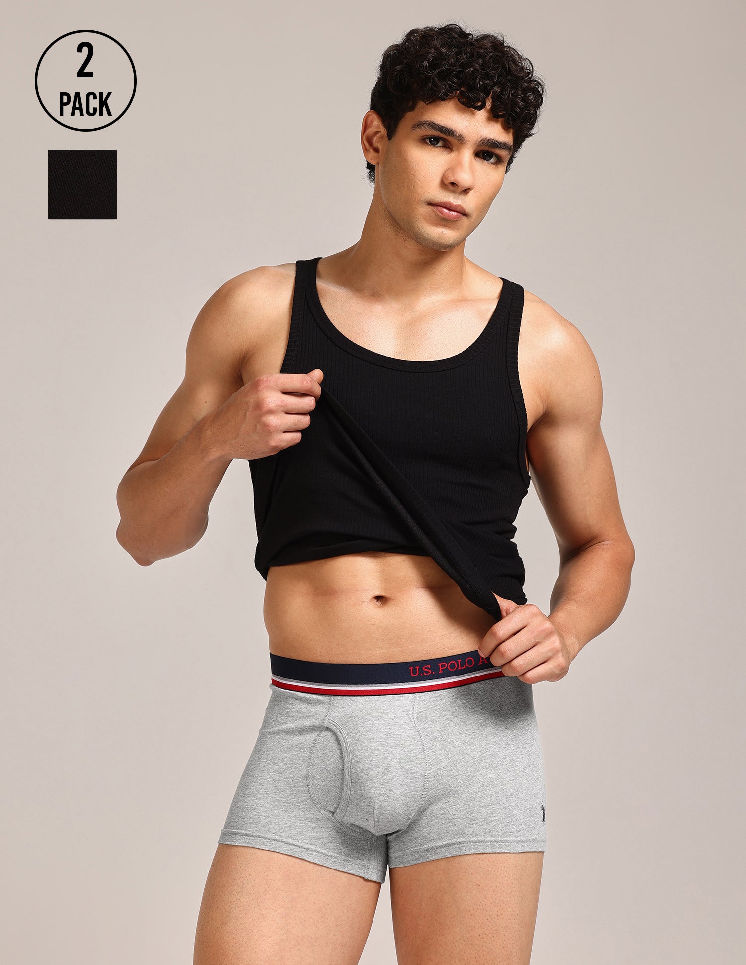 Men's Cotton Trunk - Pack Of 2 Black, Grey Melange - U.S. Polo Assn. India | Large