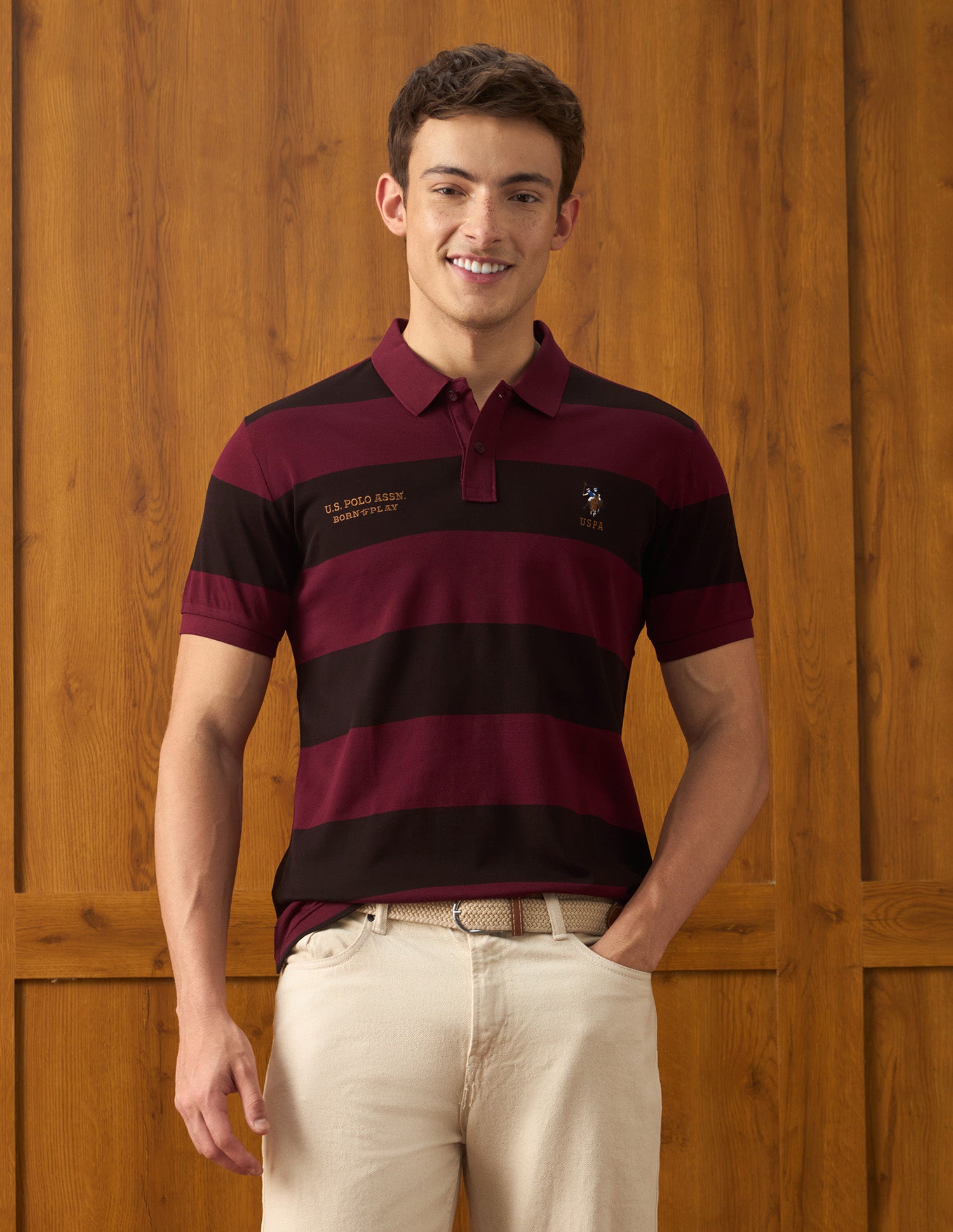 Horizontal Striped Slim Fit Polo Shirt Wine - U.S. Polo Assn. India | Large