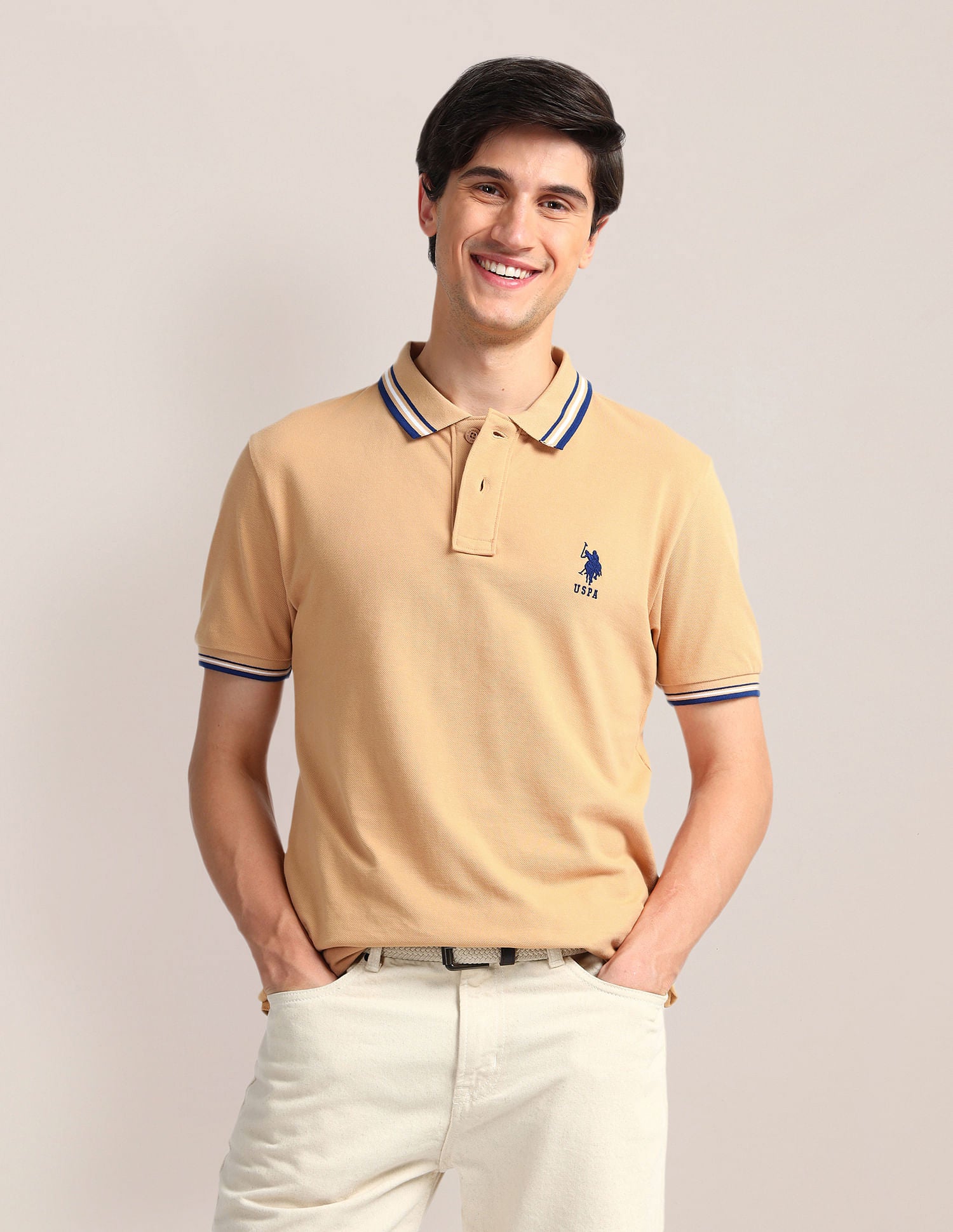 Tipped Collar Slim Polo Shirt Beige - U.S. Polo Assn. India | Large