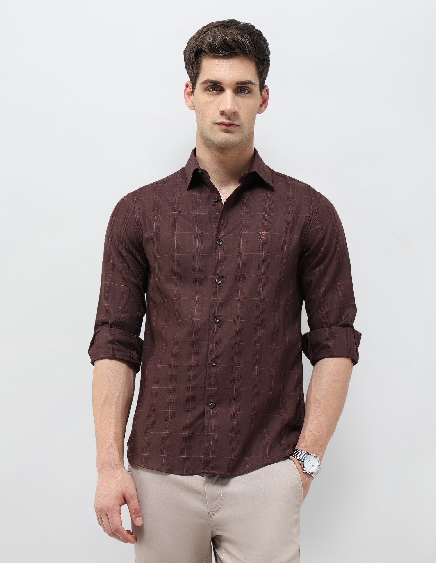 Regular Fit Textured With Grid Checked Shirt