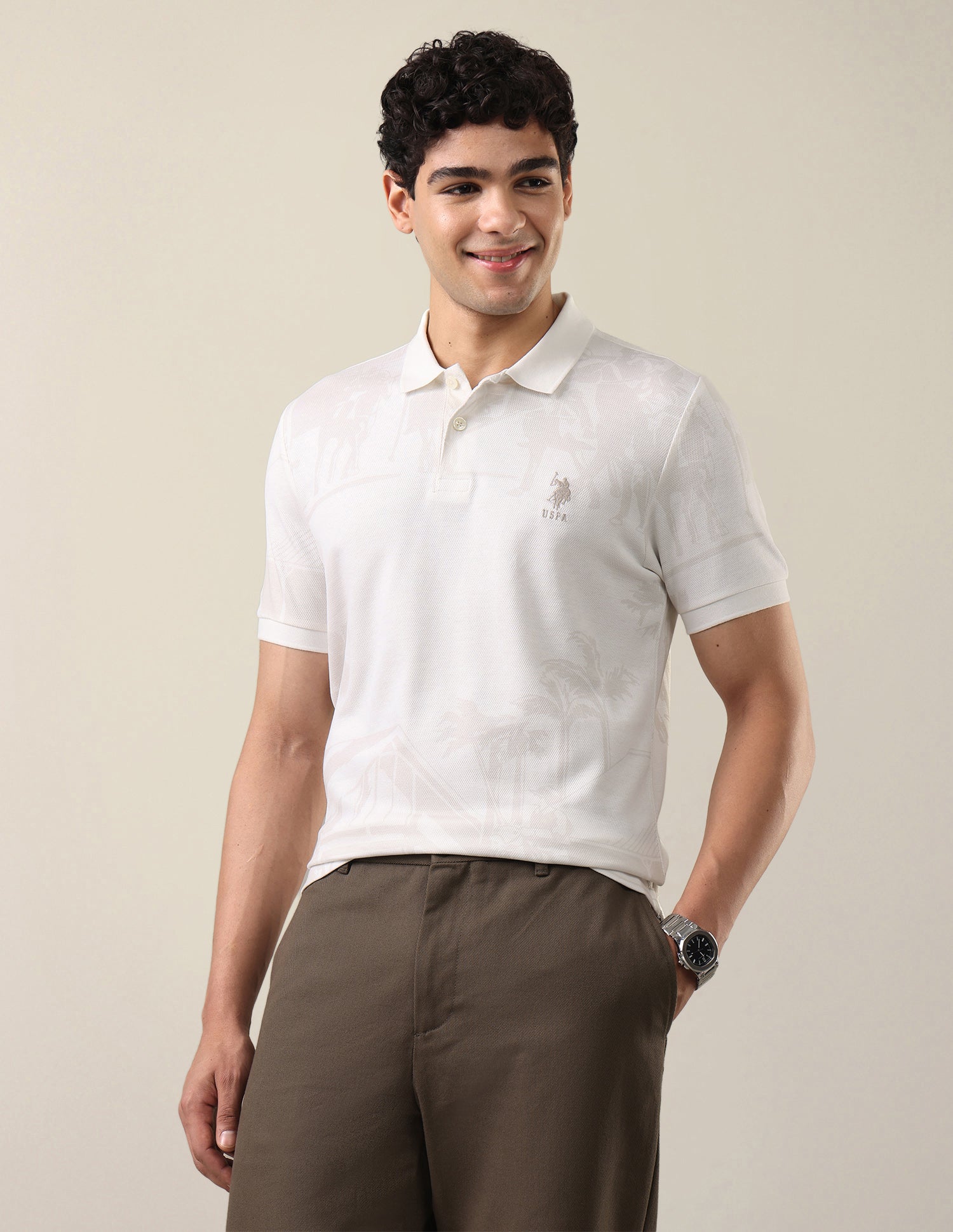 Graphic Printed Slim Fit Polo Shirt Off White - U.S. Polo Assn. India | Large