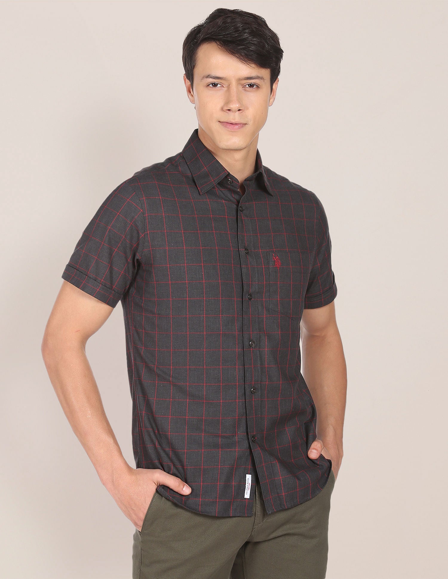 Short Sleeve Windowpane Check Casual Shirt Charcoal - U.S. Polo Assn. India | Large