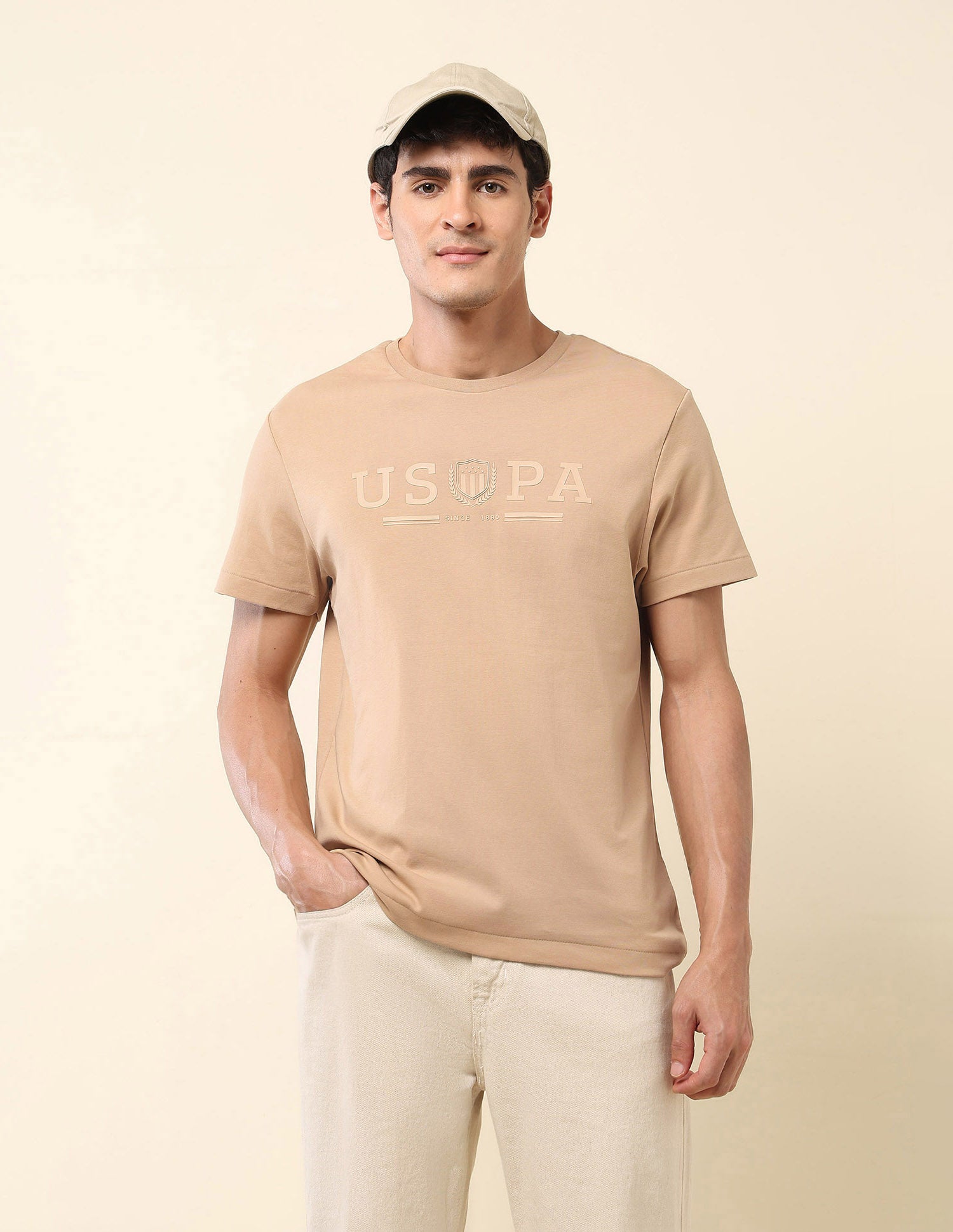 Brand Embroidered Gold Cup T-Shirt Beige - U.S. Polo Assn. India | Large