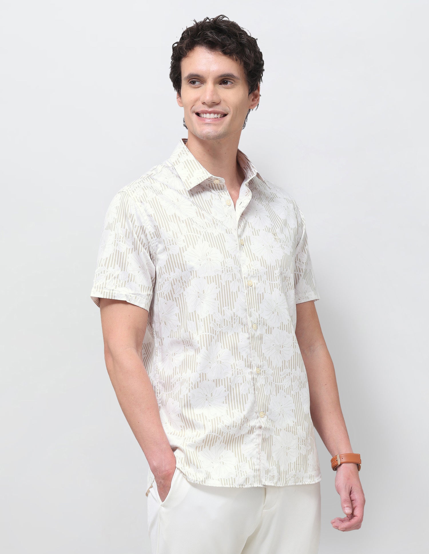 Vertical Striped With Floral Printed Satin Shirt Beige - U.S. Polo Assn. India | Large