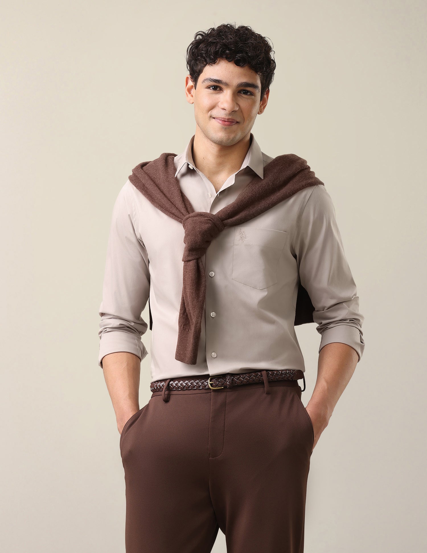 Solid Tailored Fit Shirt Light Beige - U.S. Polo Assn. India | Large