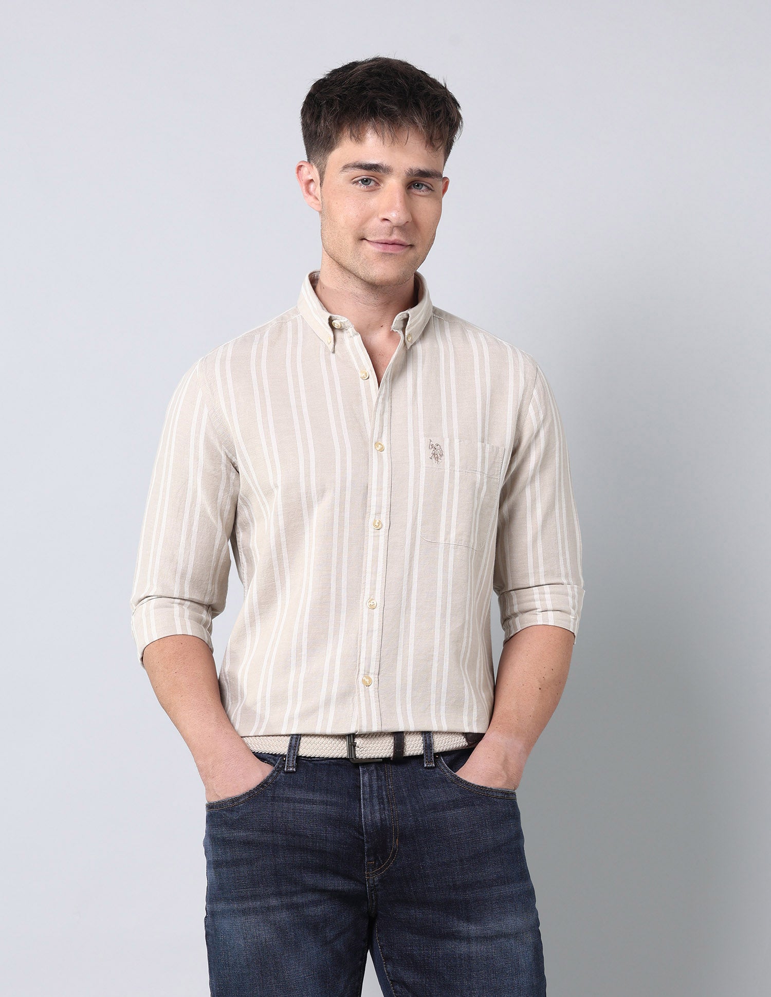 Vertical Striped Regular Fit Shirt Khaki - U.S. Polo Assn. India | Large