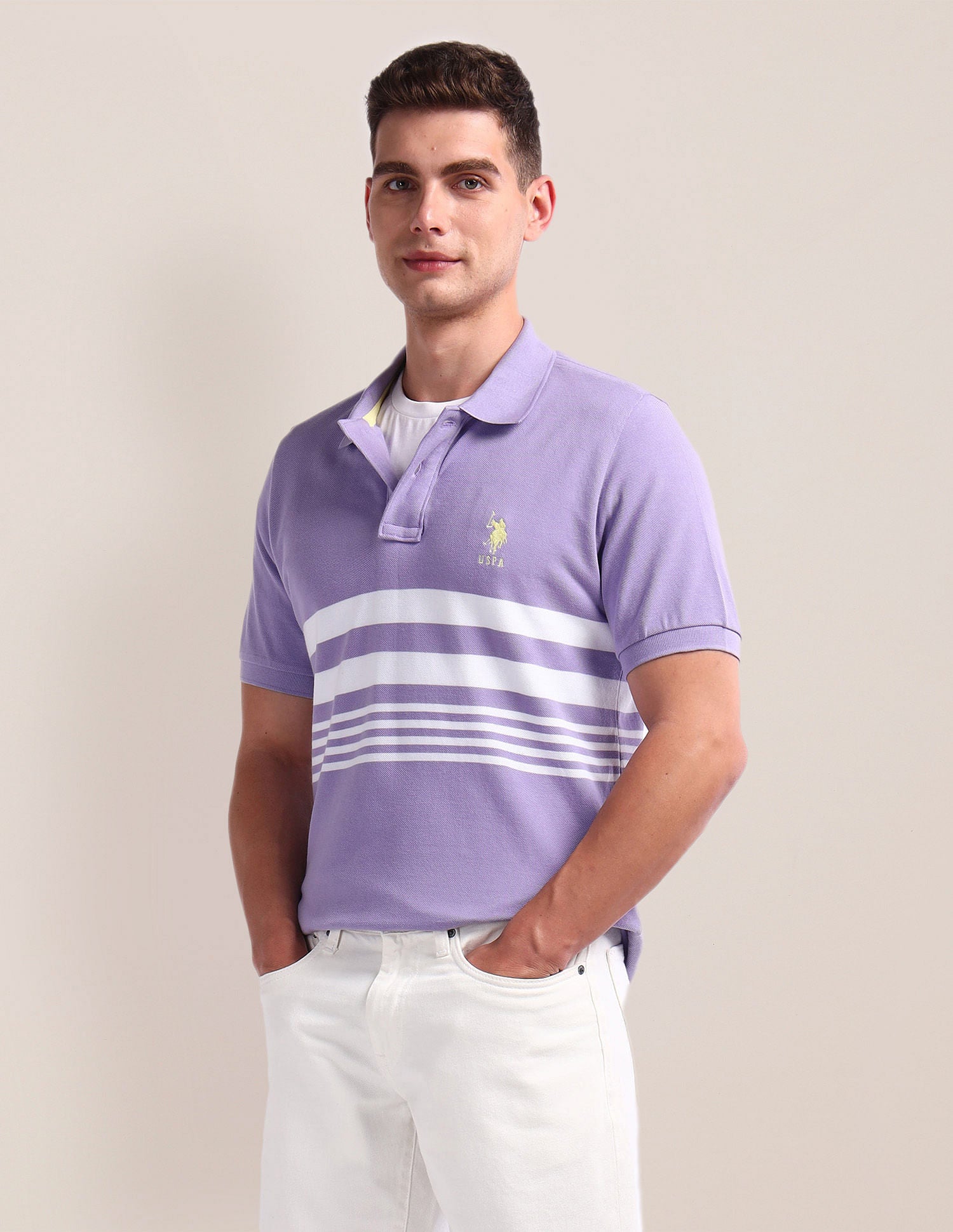 Horizontal Stripe Slim Polo Shirt Lavender - U.S. Polo Assn. India | Large