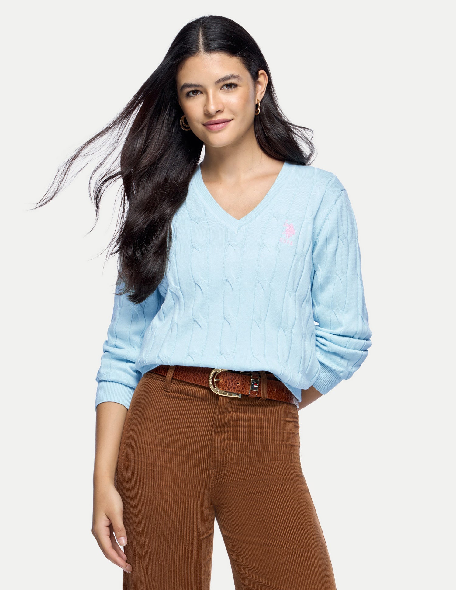 Cable Patterned Knit Regular Fit Sweater Light Blue - U.S. Polo Assn. India | Large