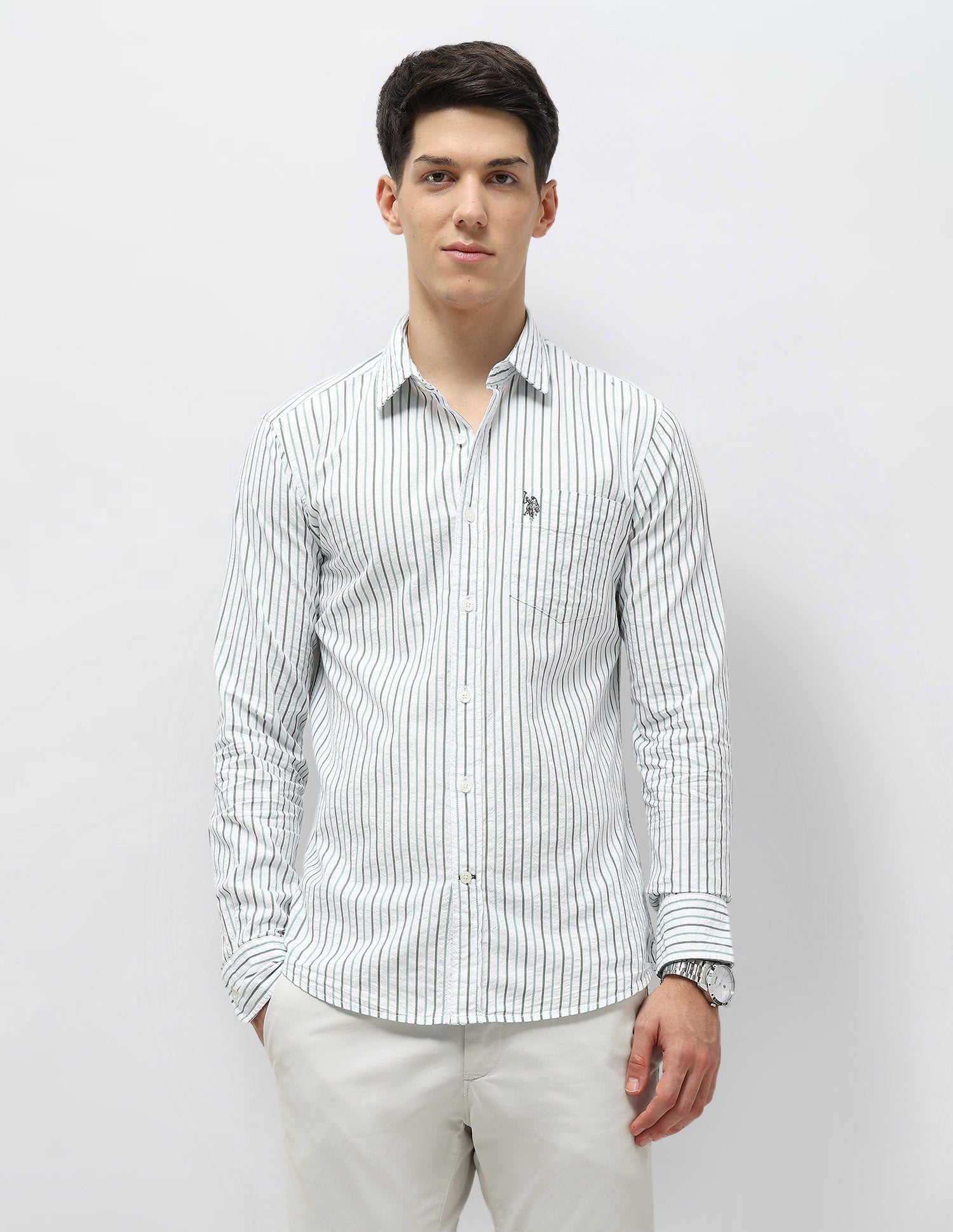 Vertical Striped Seersucker Shirt Light Green - U.S. Polo Assn. India | Large