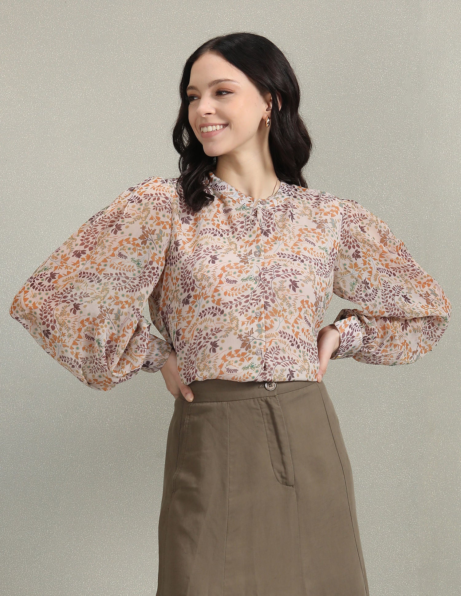 Mandarin Collar Floral Shirt Beige - U.S. Polo Assn. India | Large