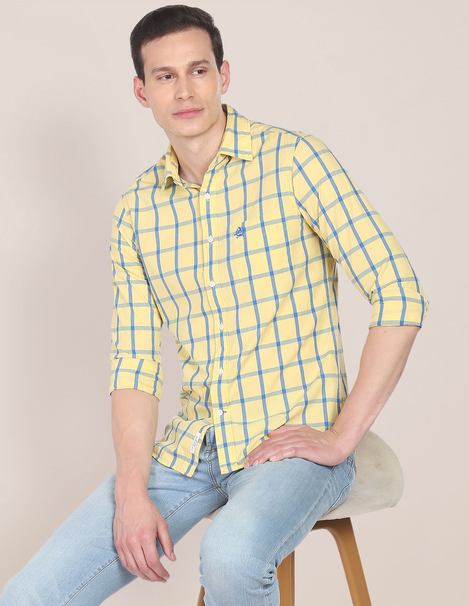 Men Yellow Windowpane Check Tailored Regular Fit Casual Shirt Yellow - U.S. Polo Assn. India | Large