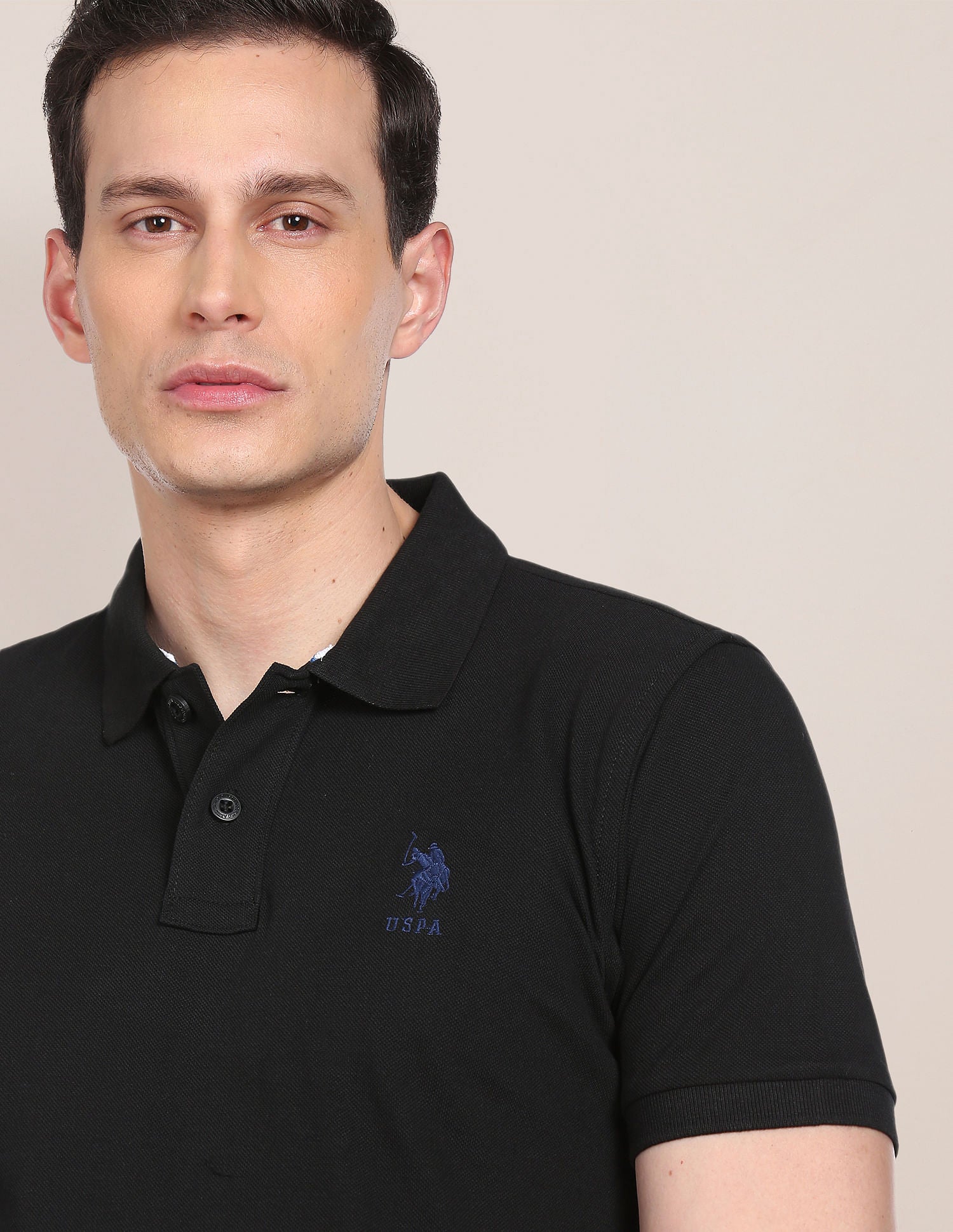 Ribbed Collar Solid Polo Shirt Black - U.S. POLO ASSN. | Large