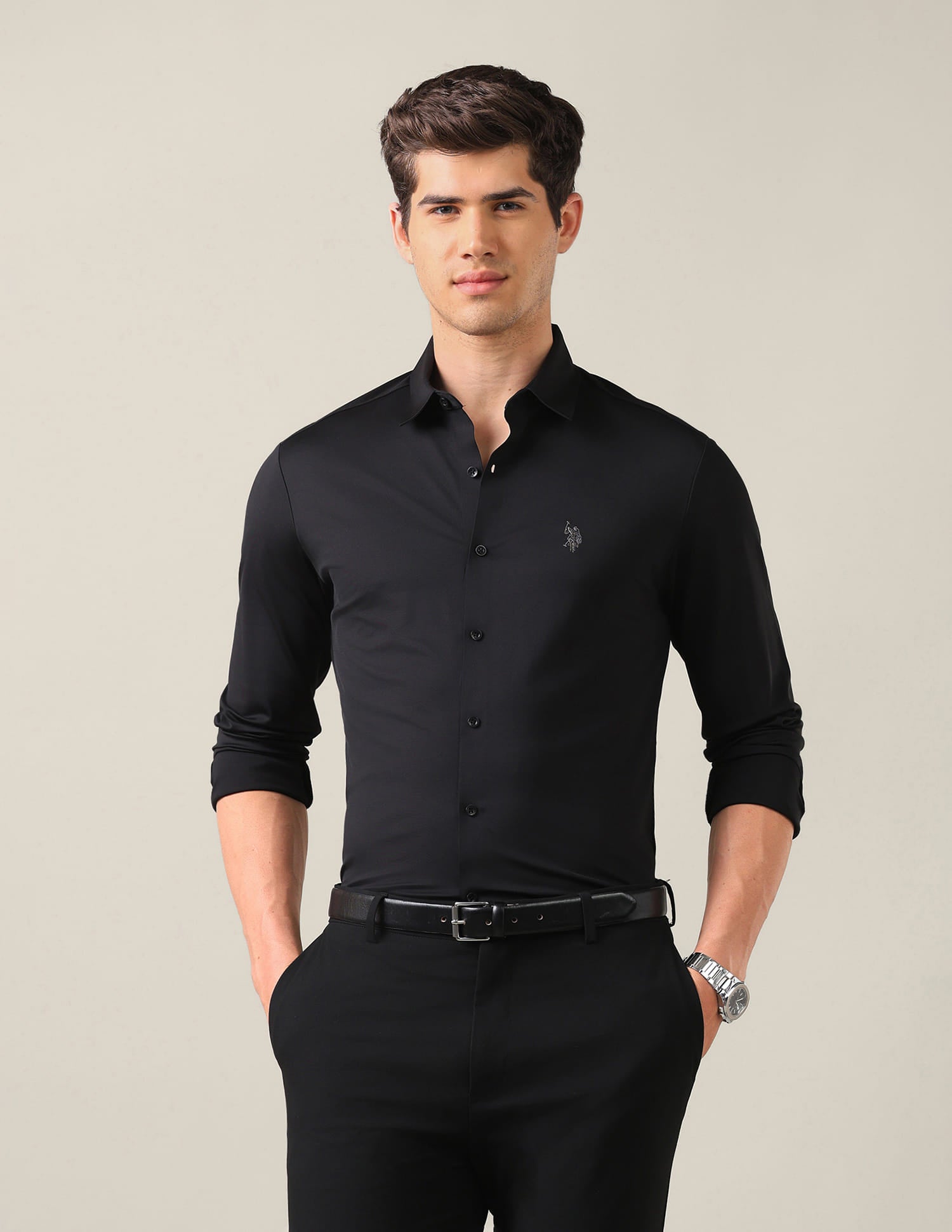 Tailored Fit Knitted Shirt Black - U.S. Polo Assn. India | Large