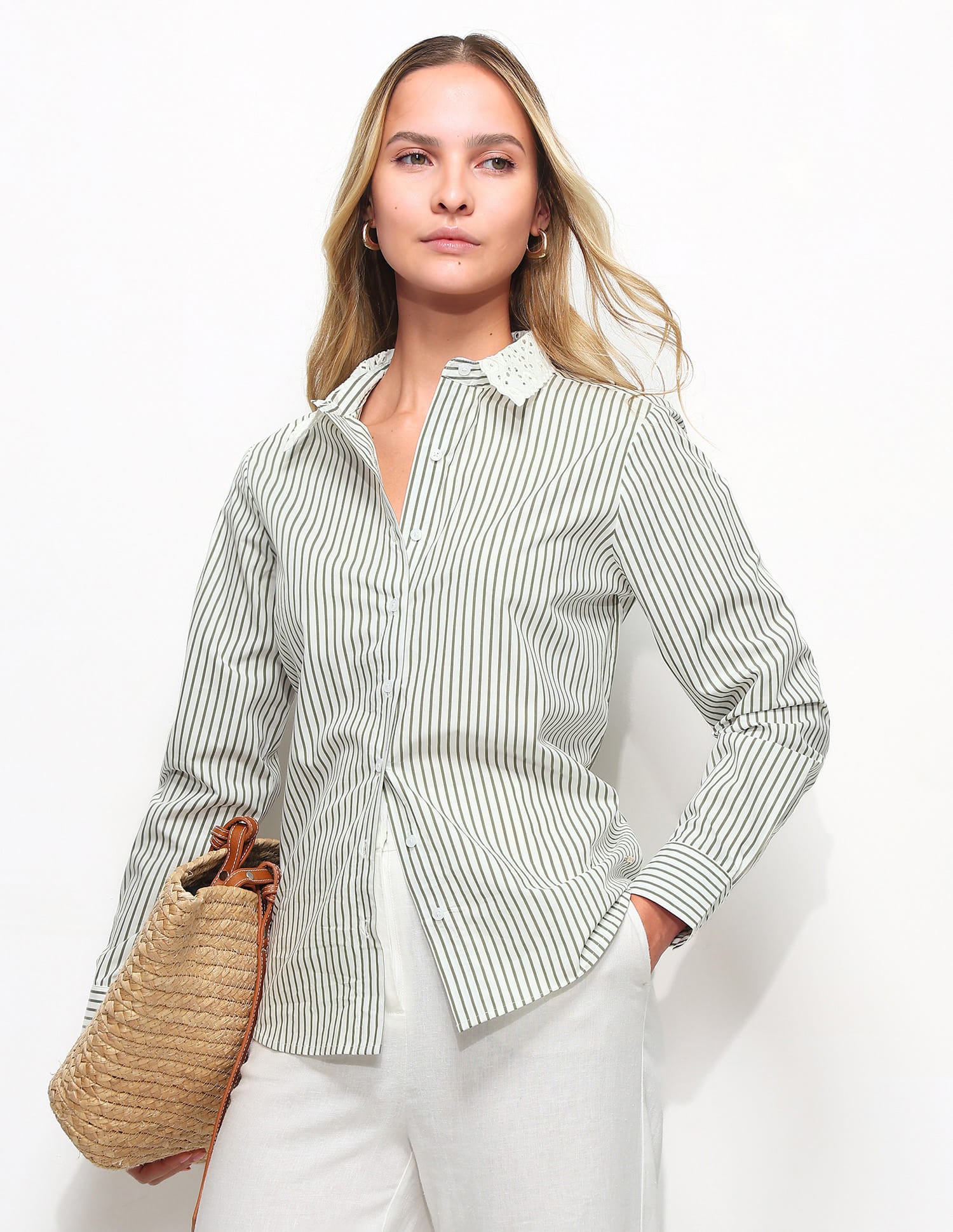 Regular Fit Striped Shirt With Schiffli Collar